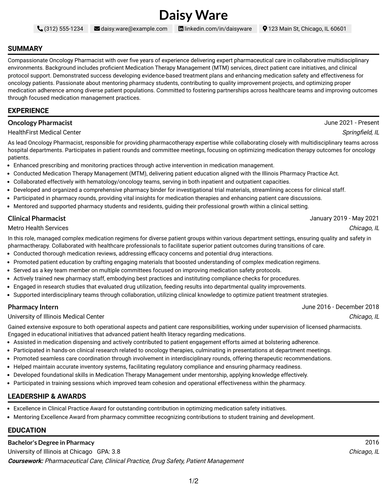 Resume Example Page 1