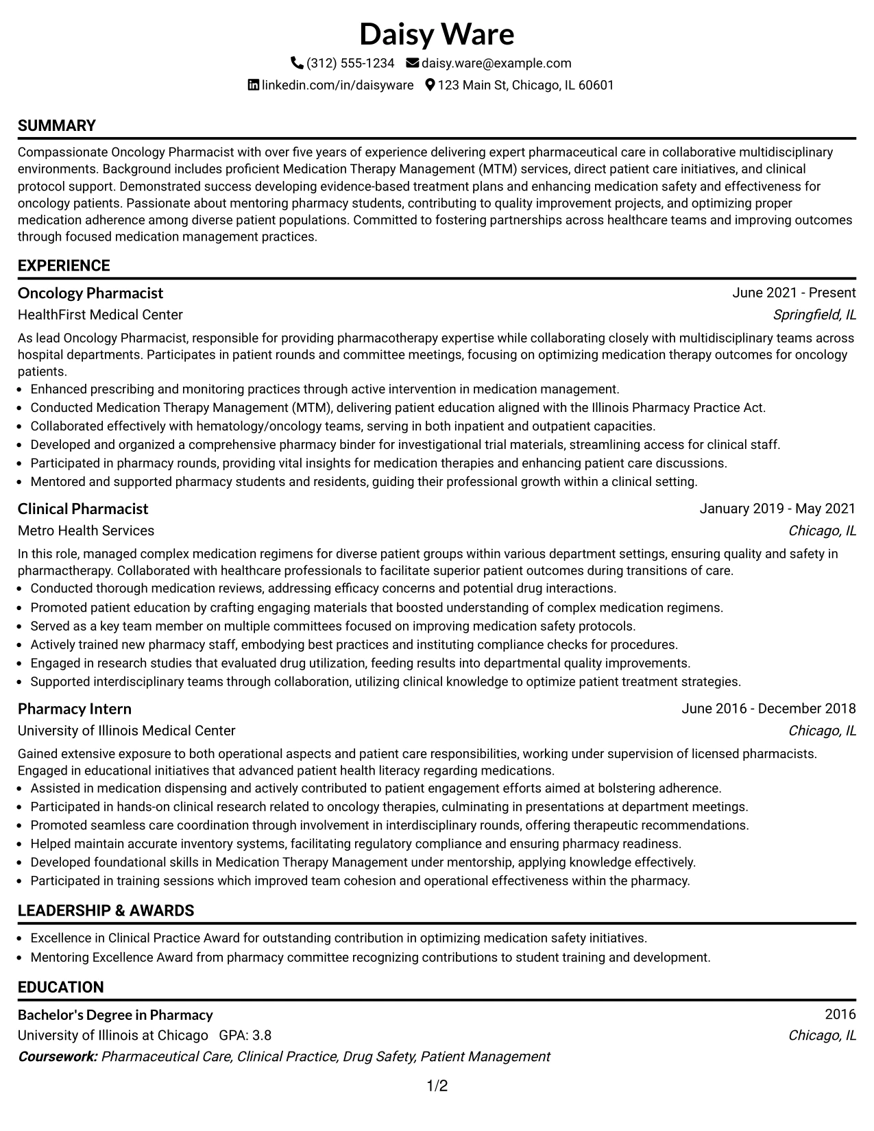 Resume Example Page 1