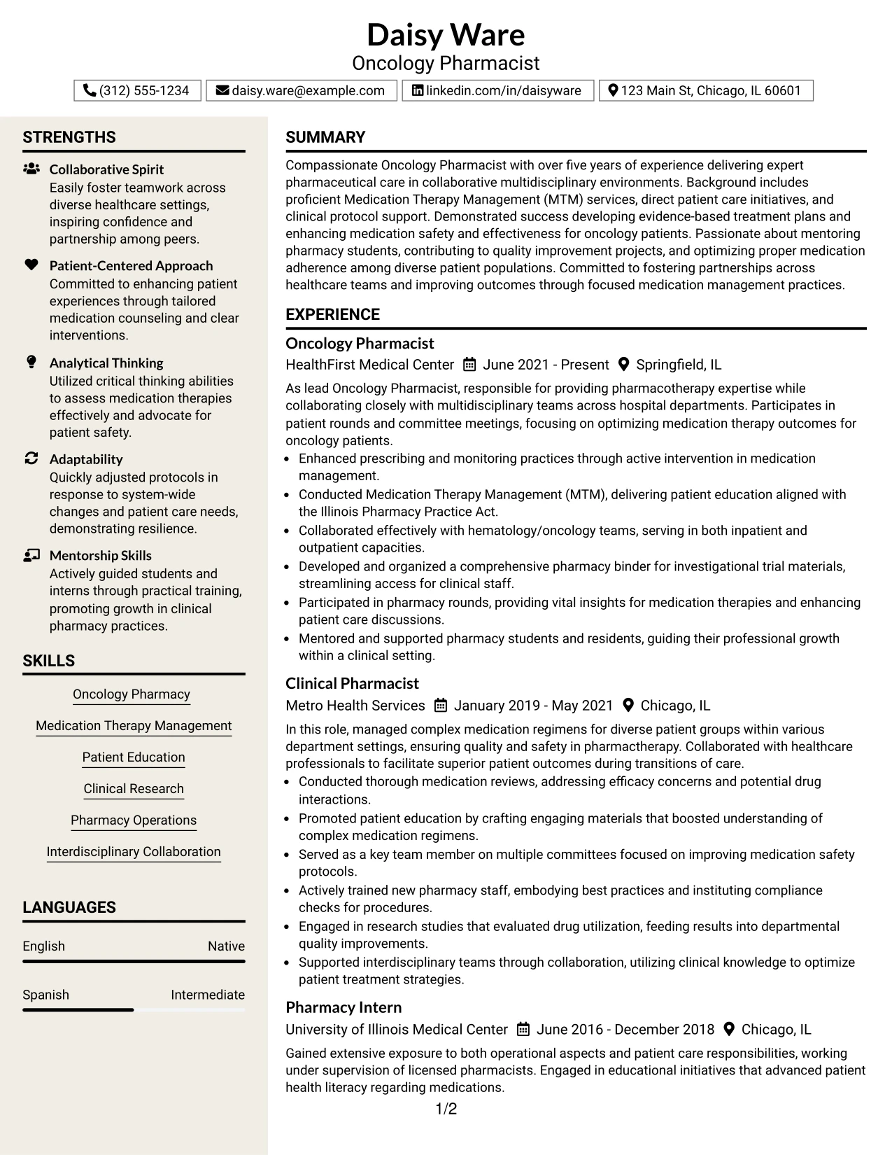 Resume Example Page 1