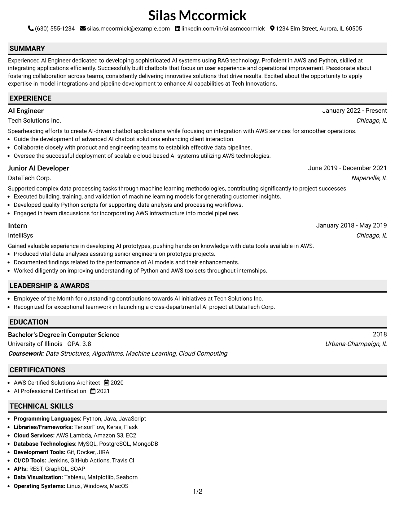 Resume Example Page 1