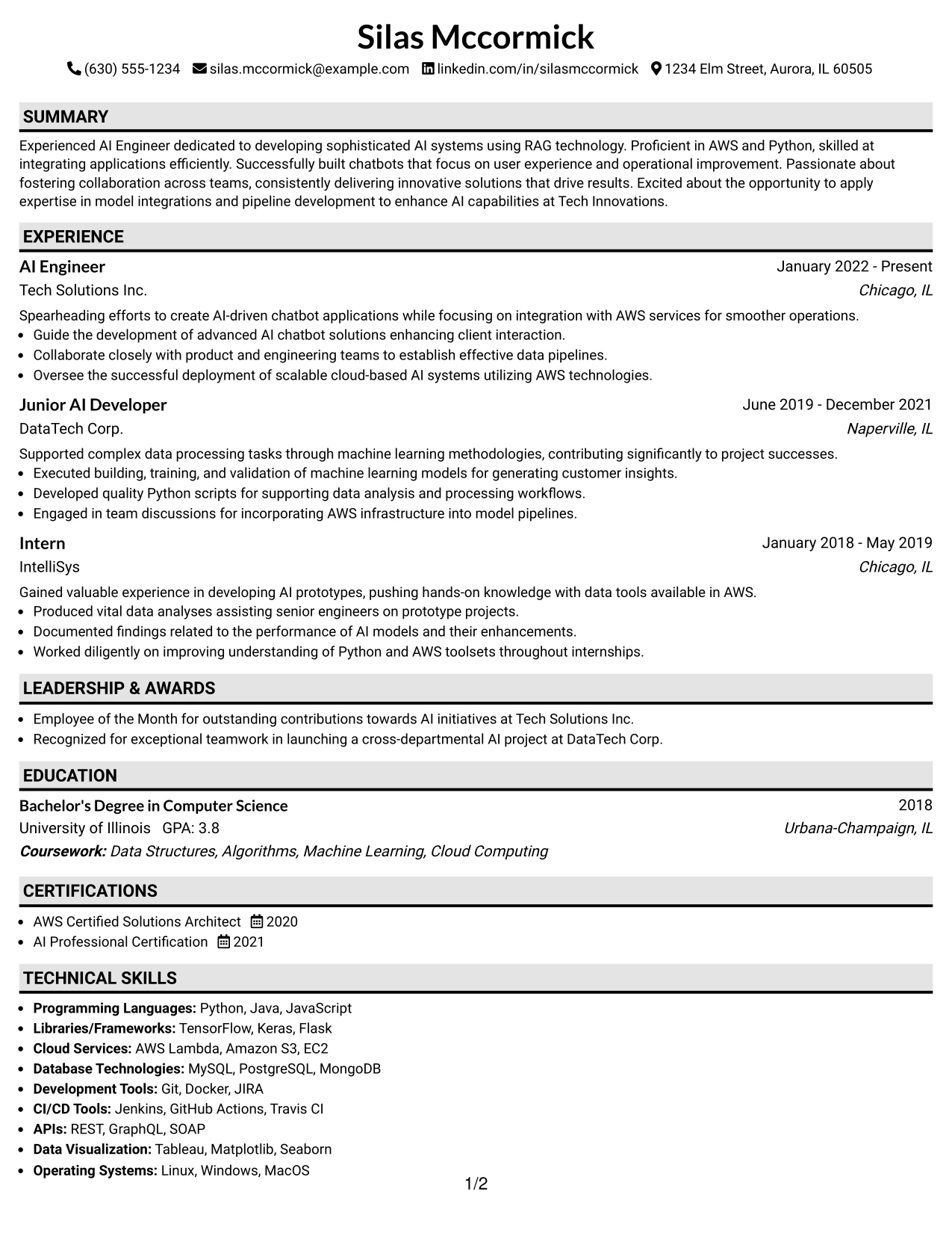 Resume Example Page 1