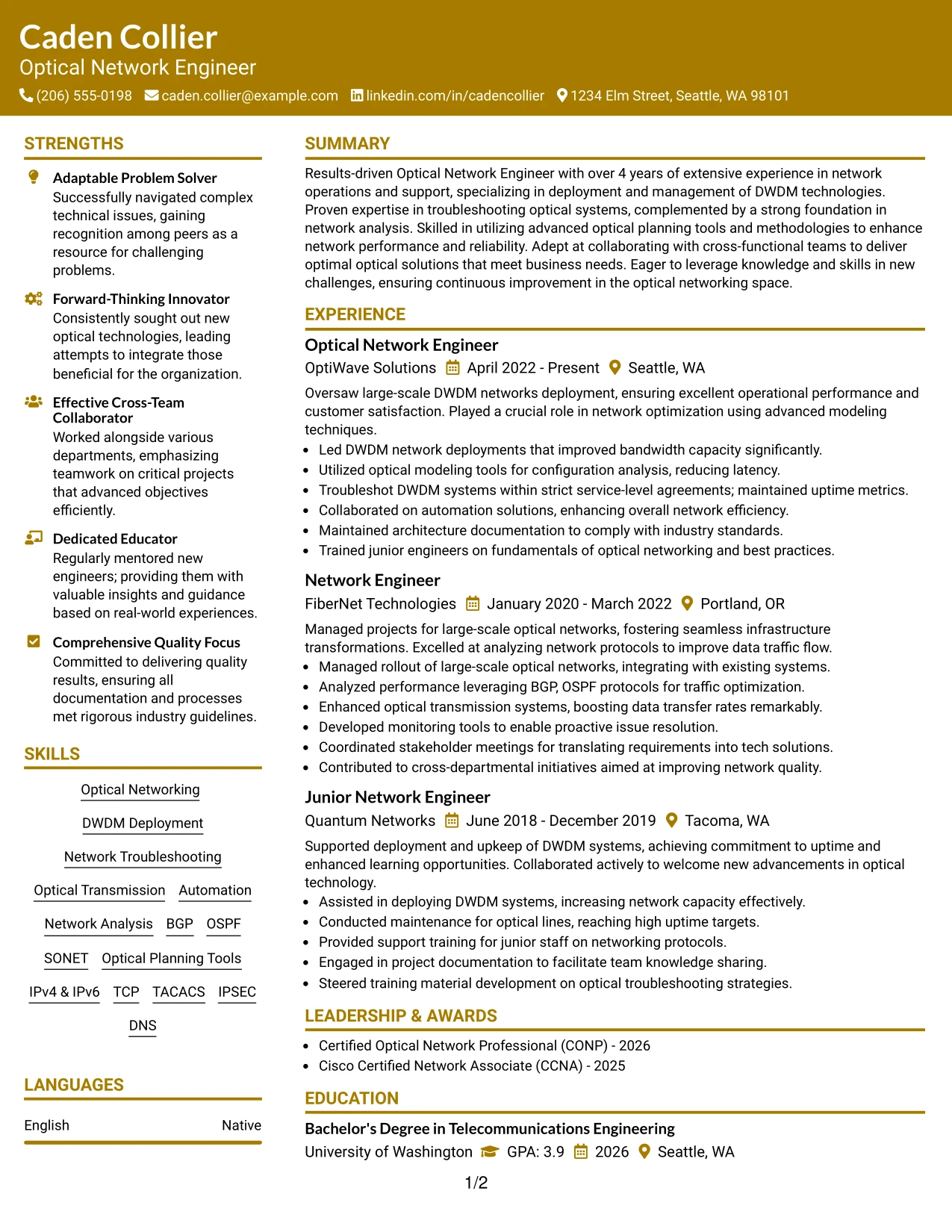 Resume Example Page 1