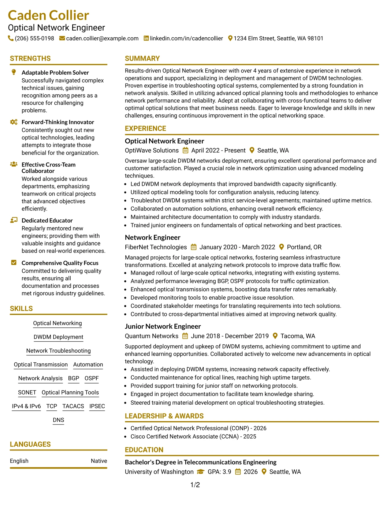 Resume Example Page 1