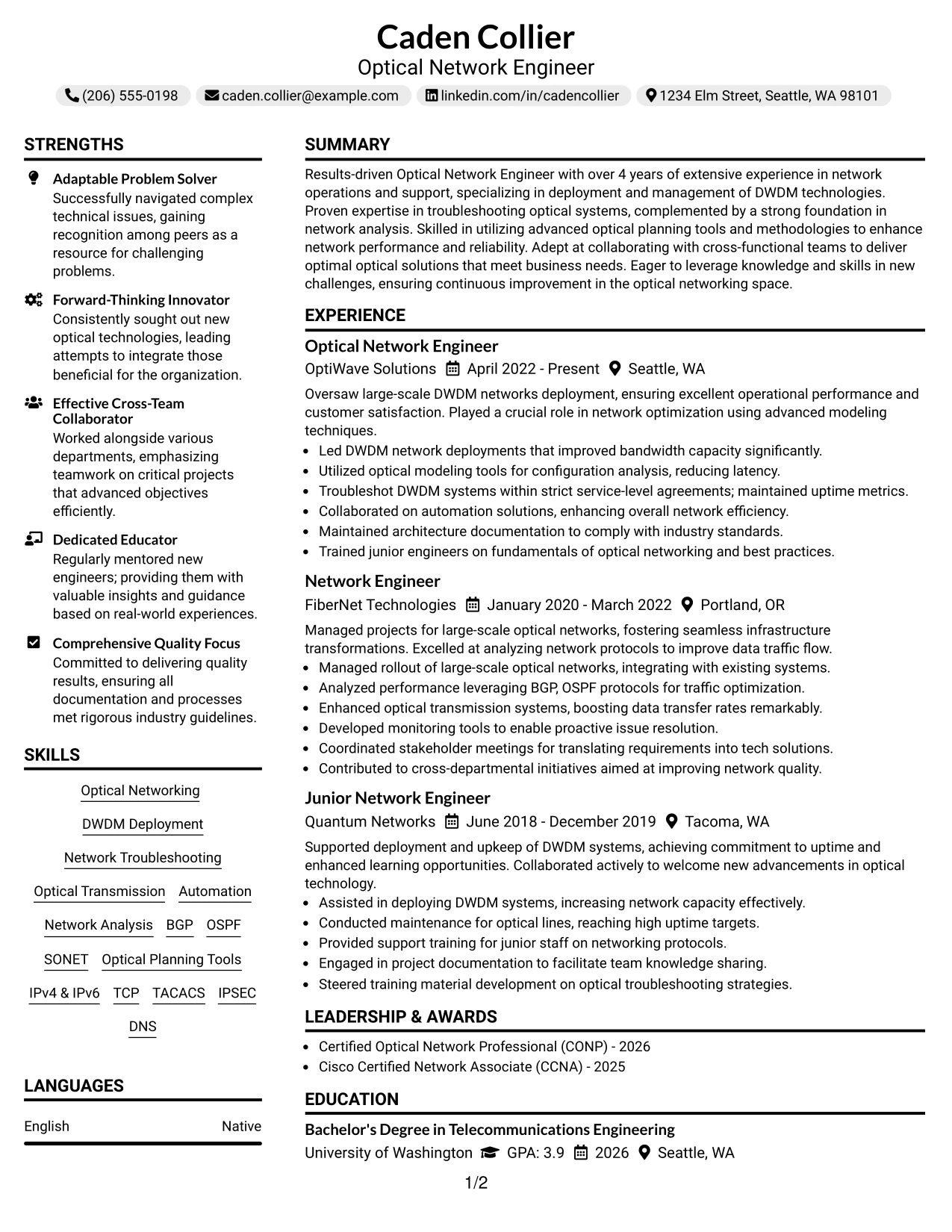 Resume Example Page 1