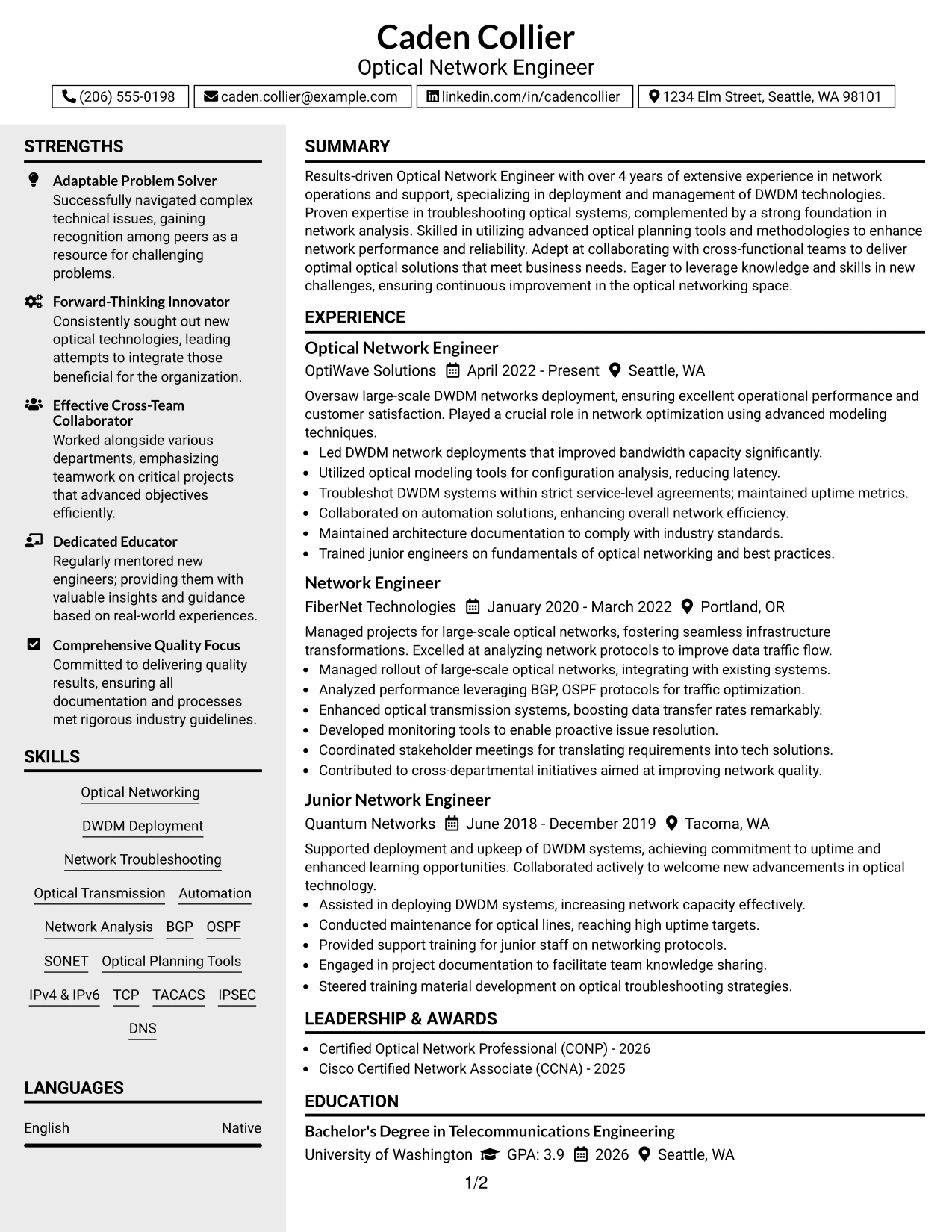 Resume Example Page 1