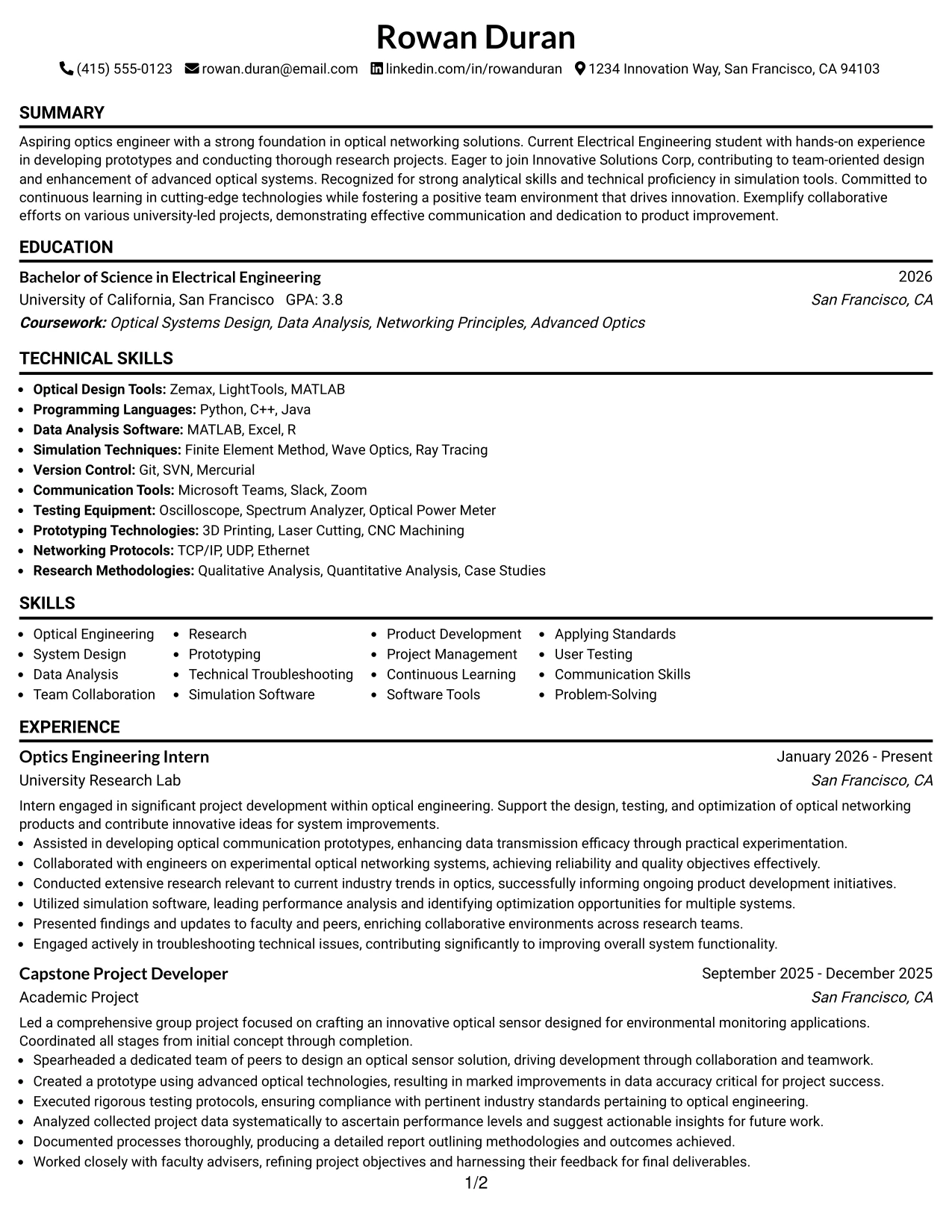 Resume Example Page 1