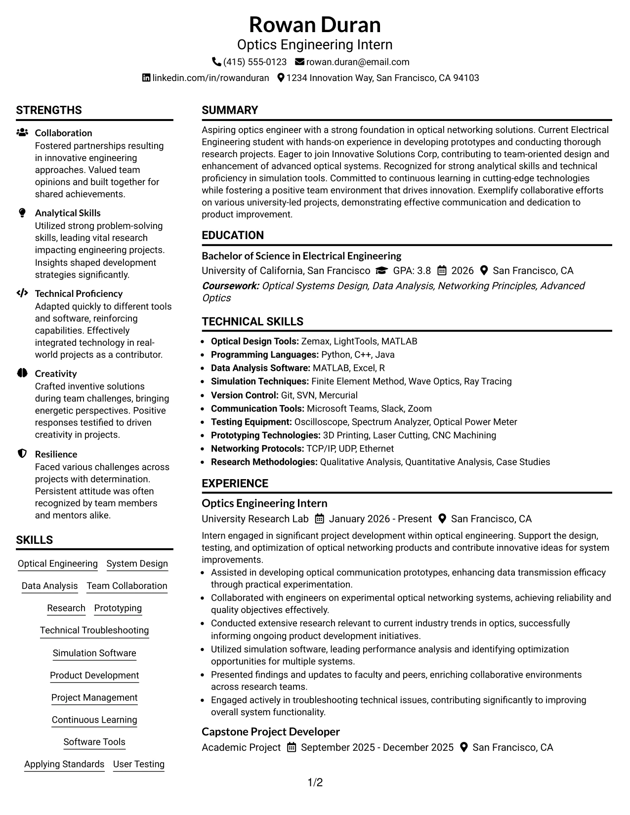 Resume Example Page 1