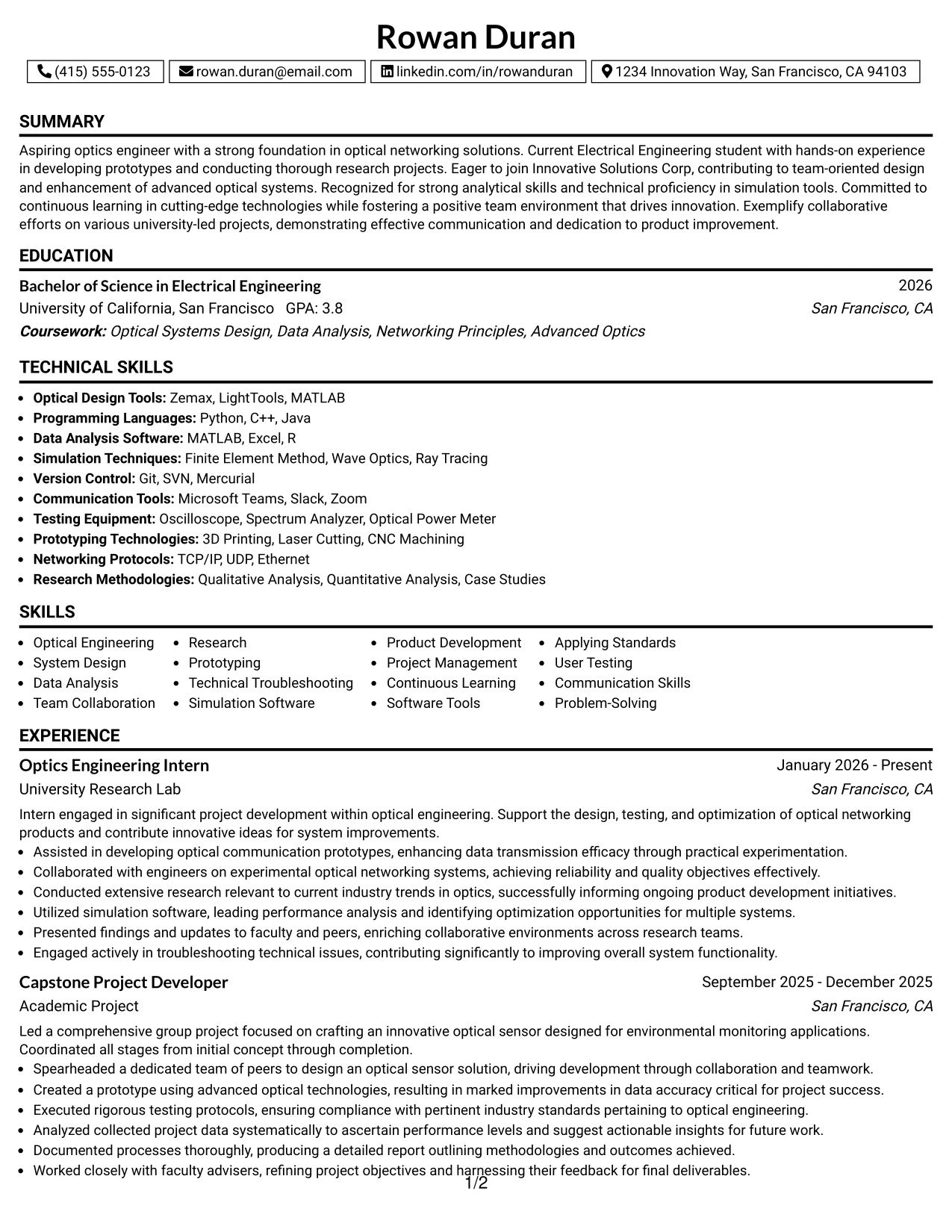 Resume Example Page 1