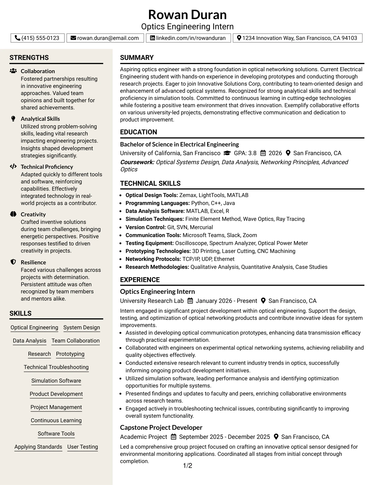 Resume Example Page 1