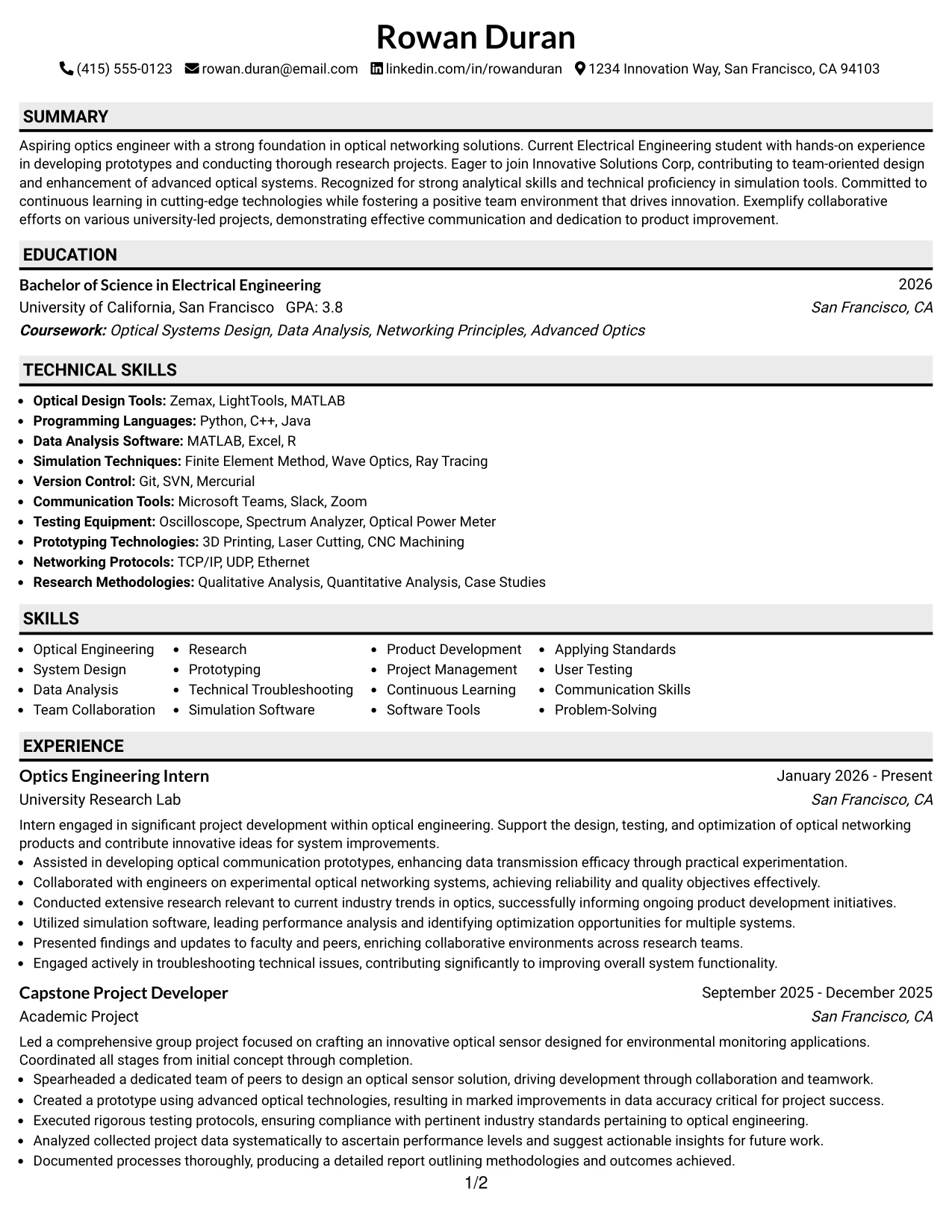 Resume Example Page 1