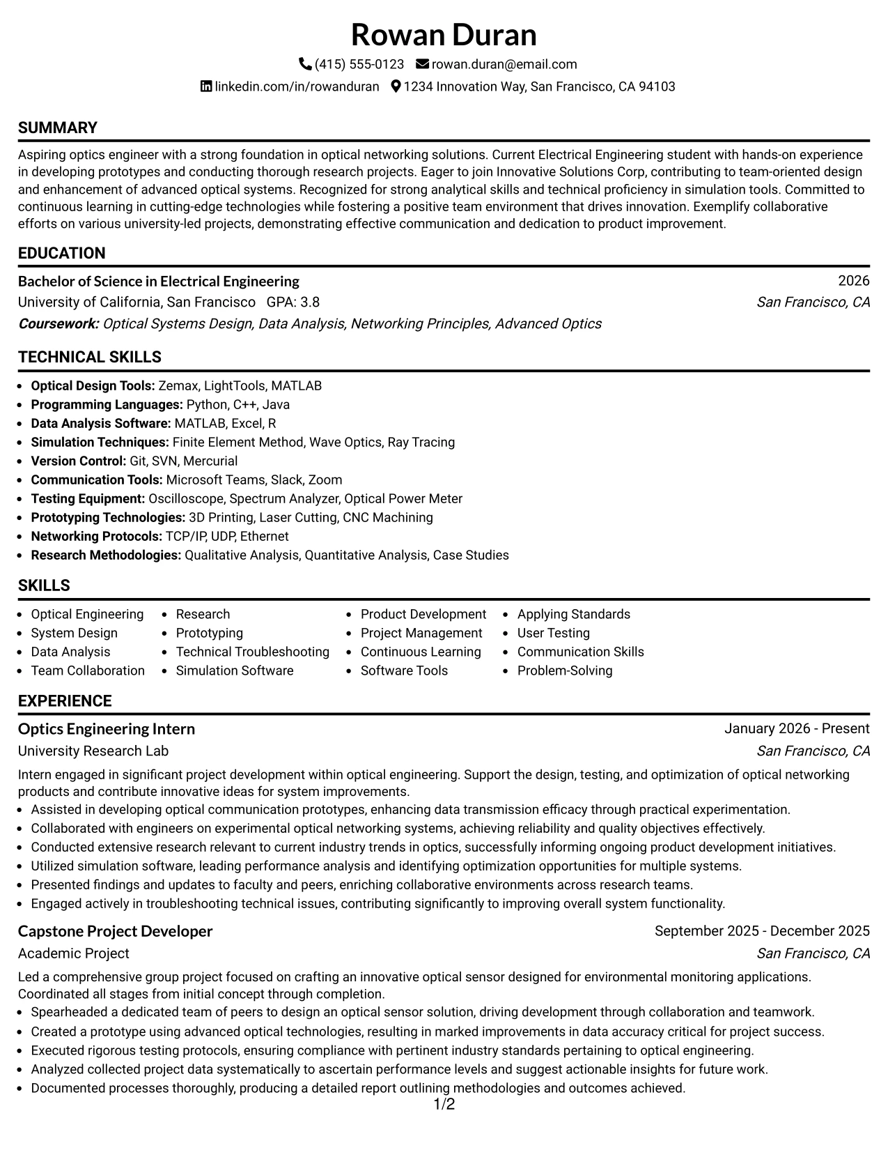 Resume Example Page 1