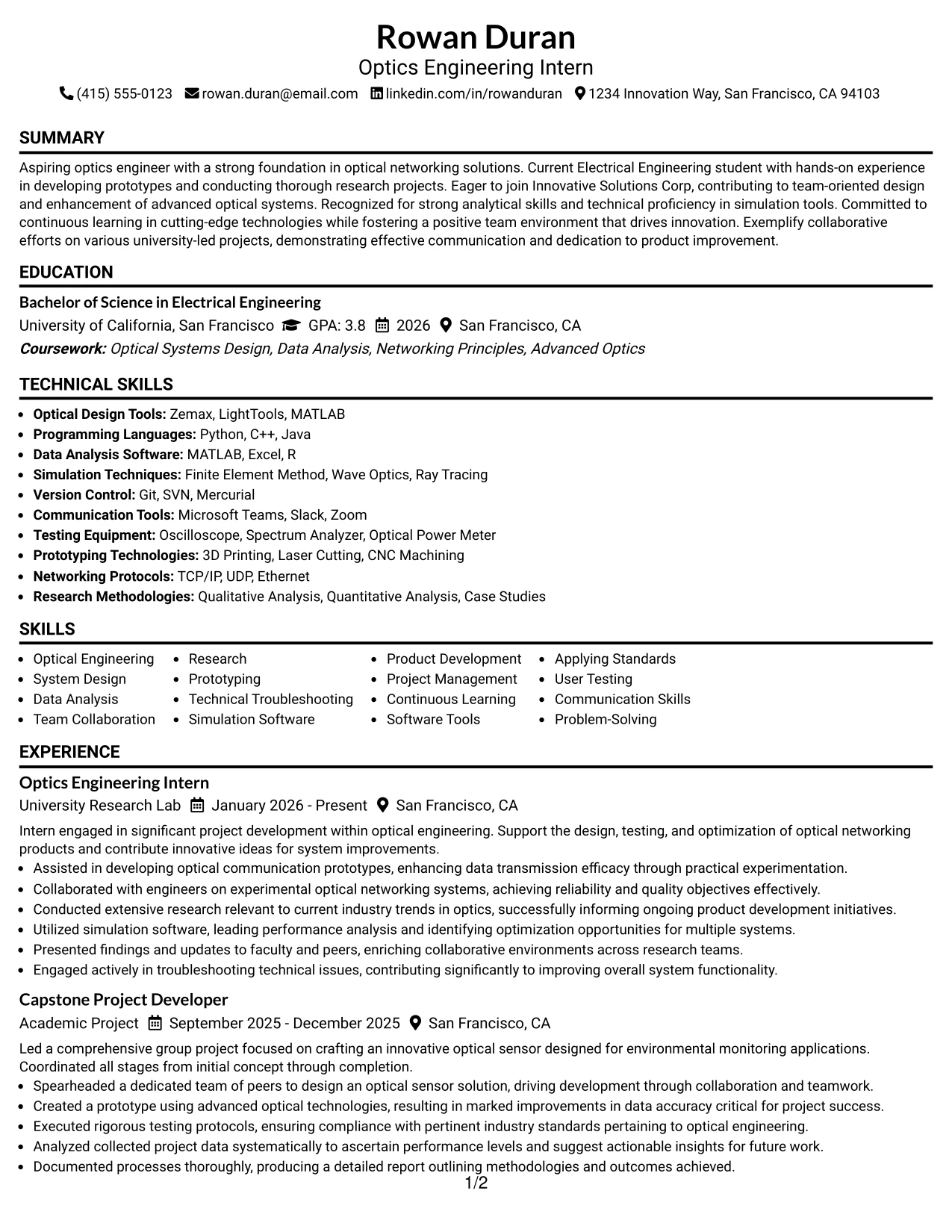 Resume Example Page 1
