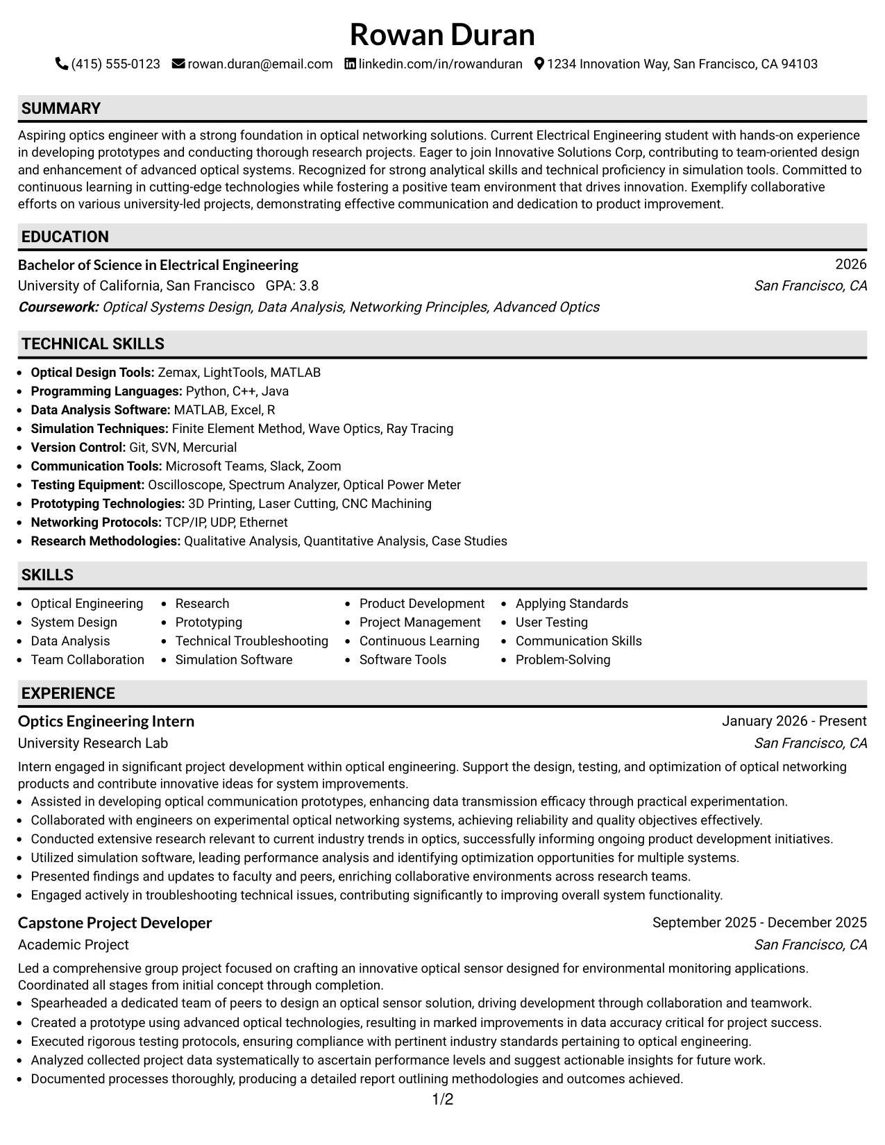 Resume Example Page 1