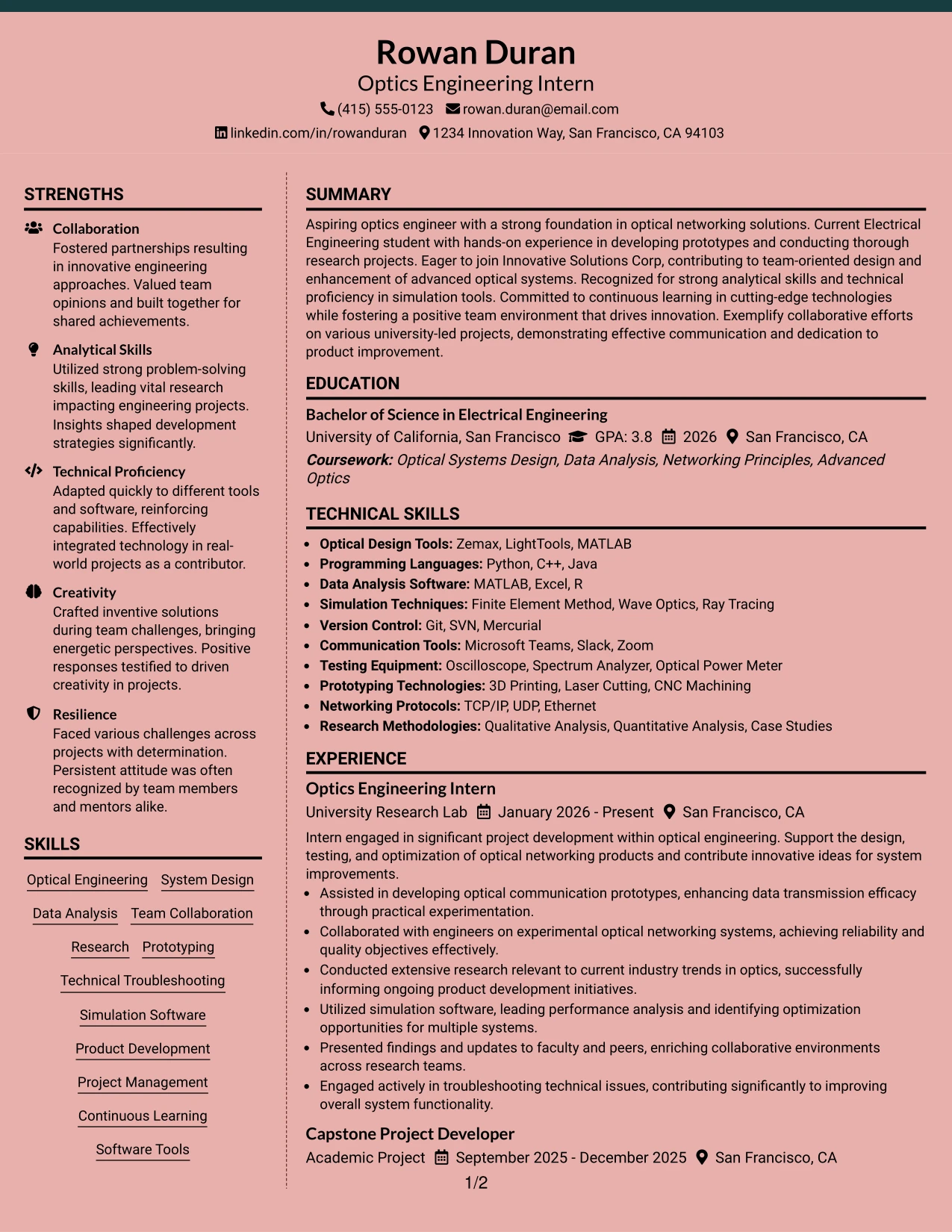 Resume Example Page 1