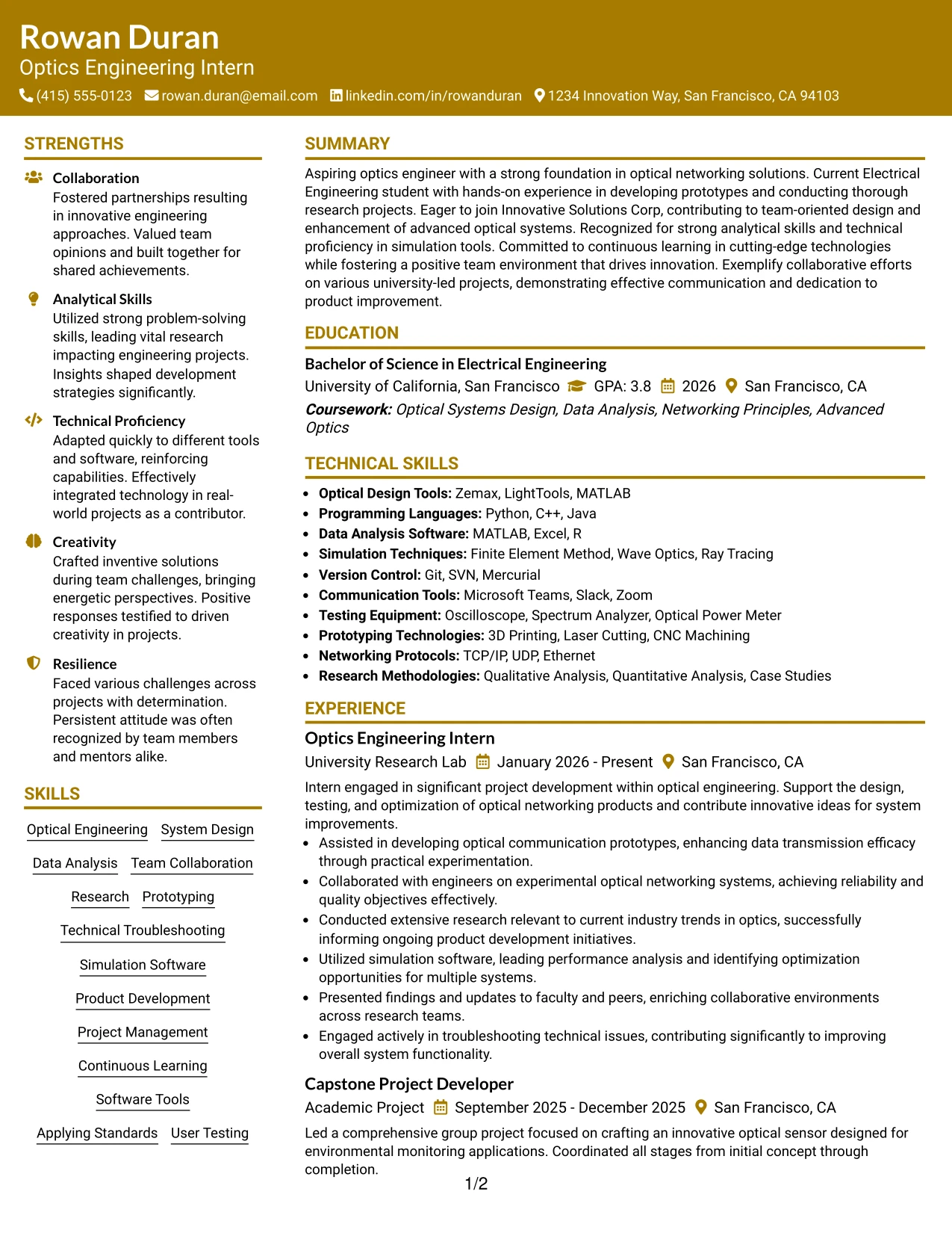 Resume Example Page 1