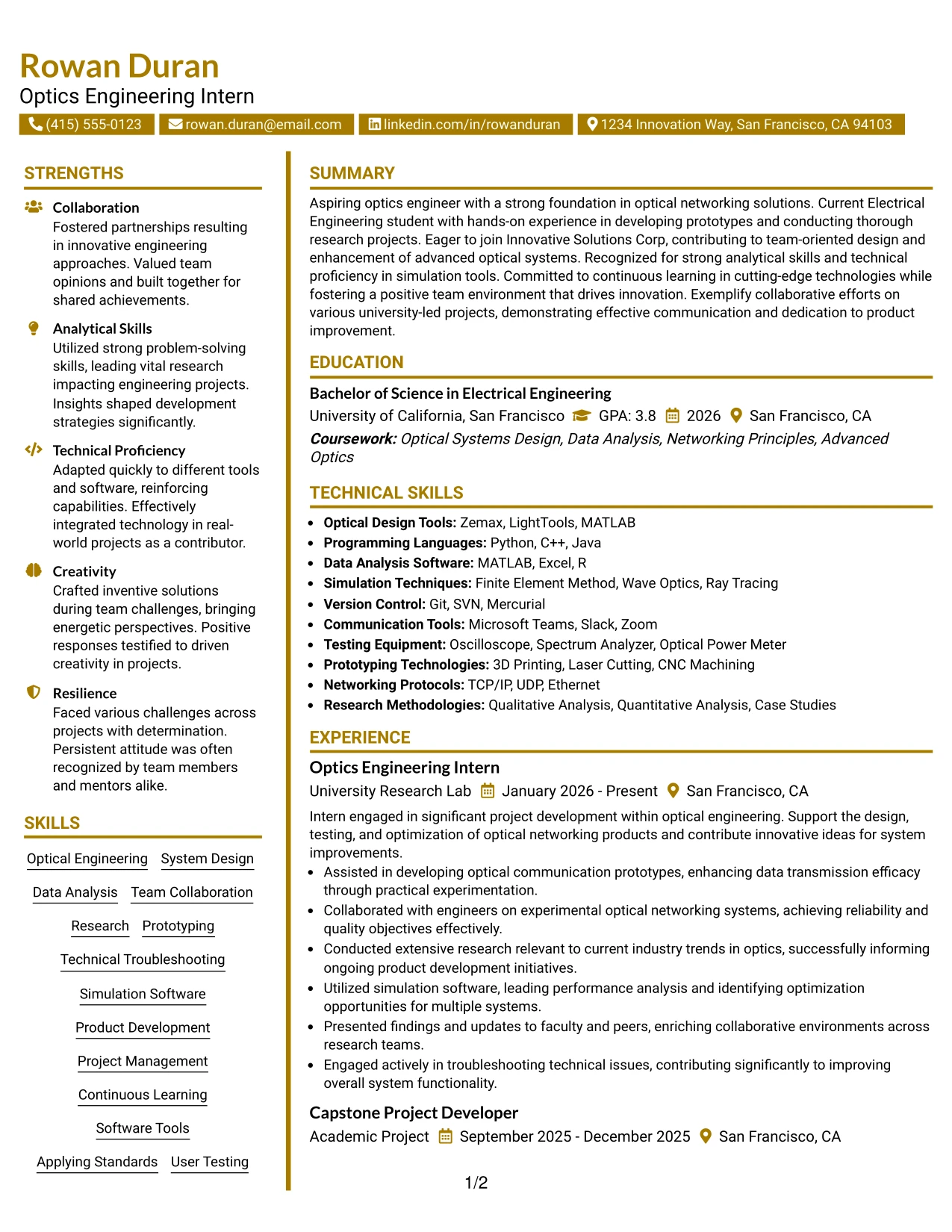 Resume Example Page 1