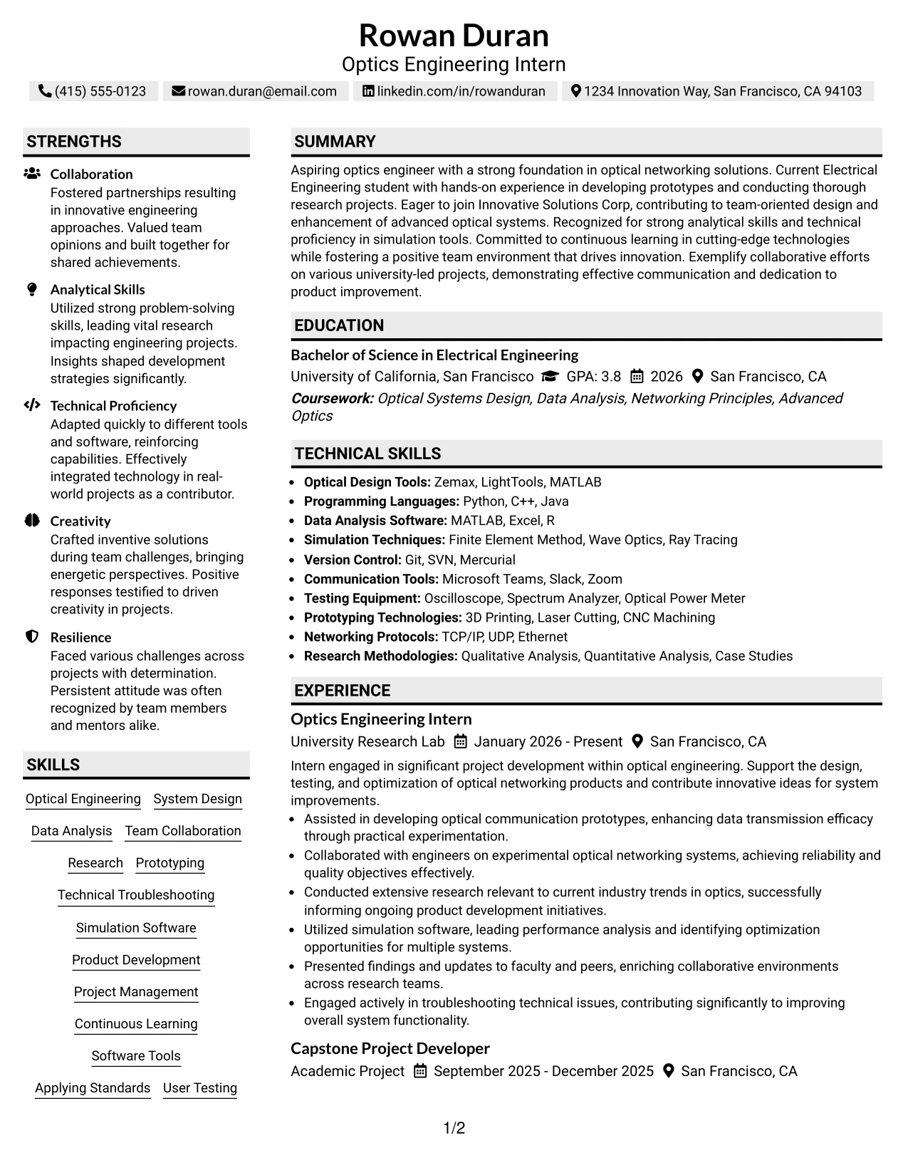 Resume Example Page 1