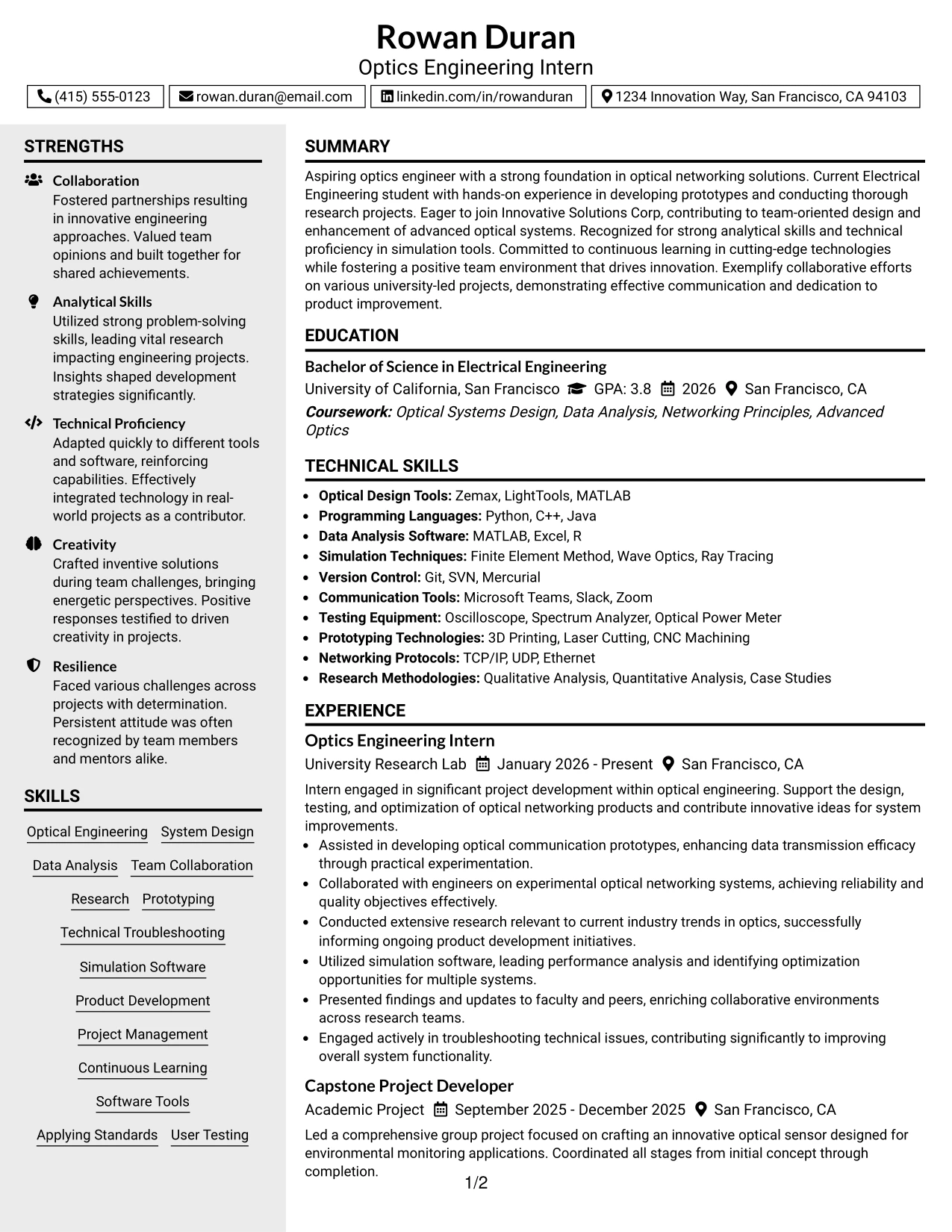 Resume Example Page 1