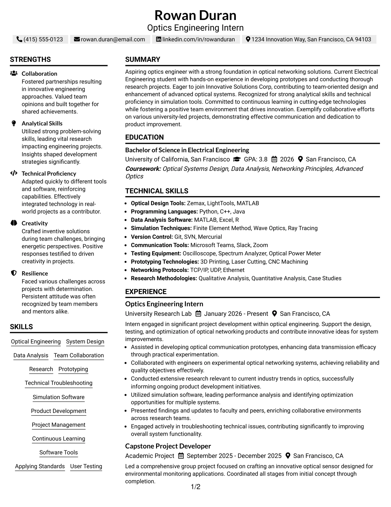 Resume Example Page 1