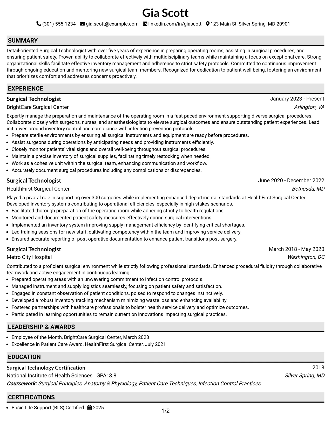 Resume Example Page 1