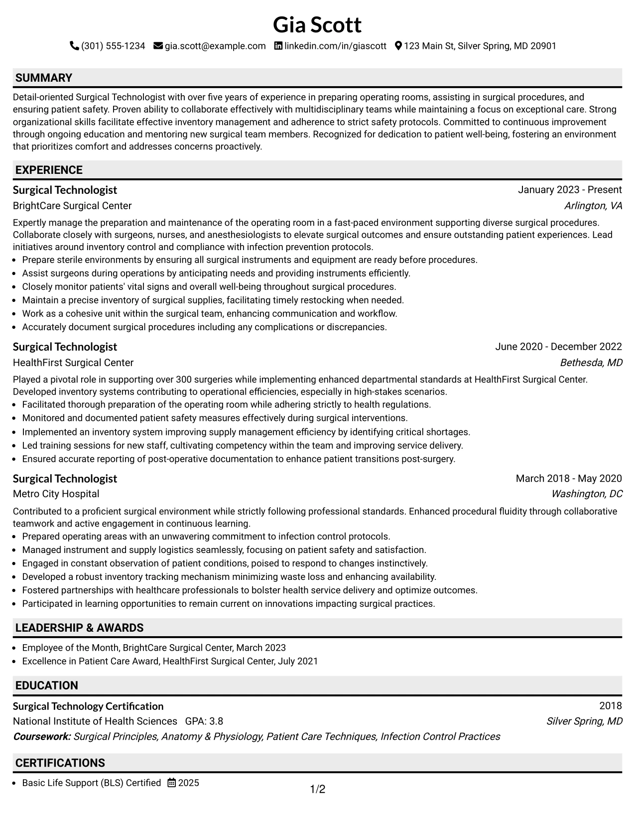 Resume Example Page 1