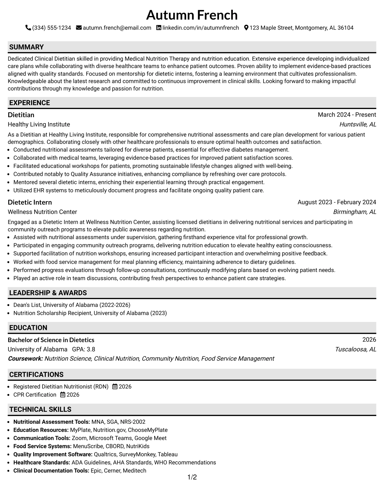 Resume Example Page 1