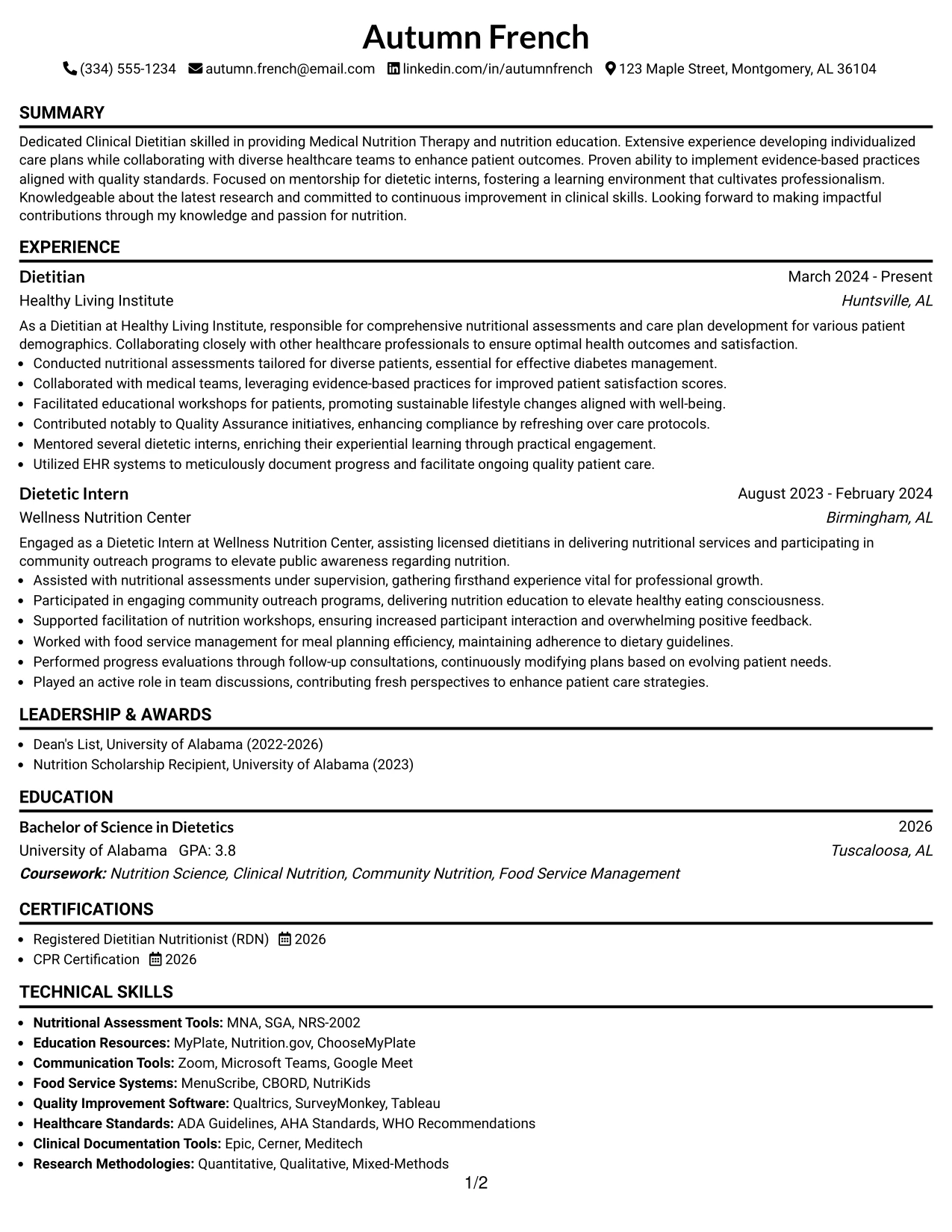 Resume Example Page 1