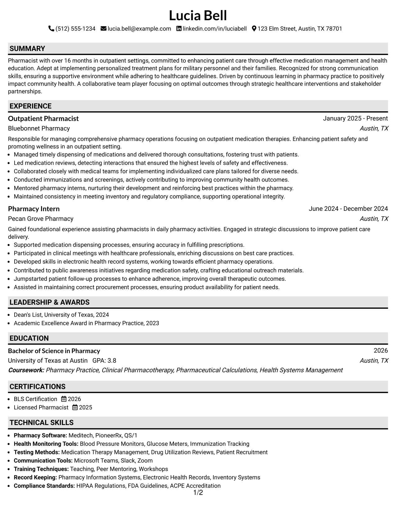 Resume Example Page 1