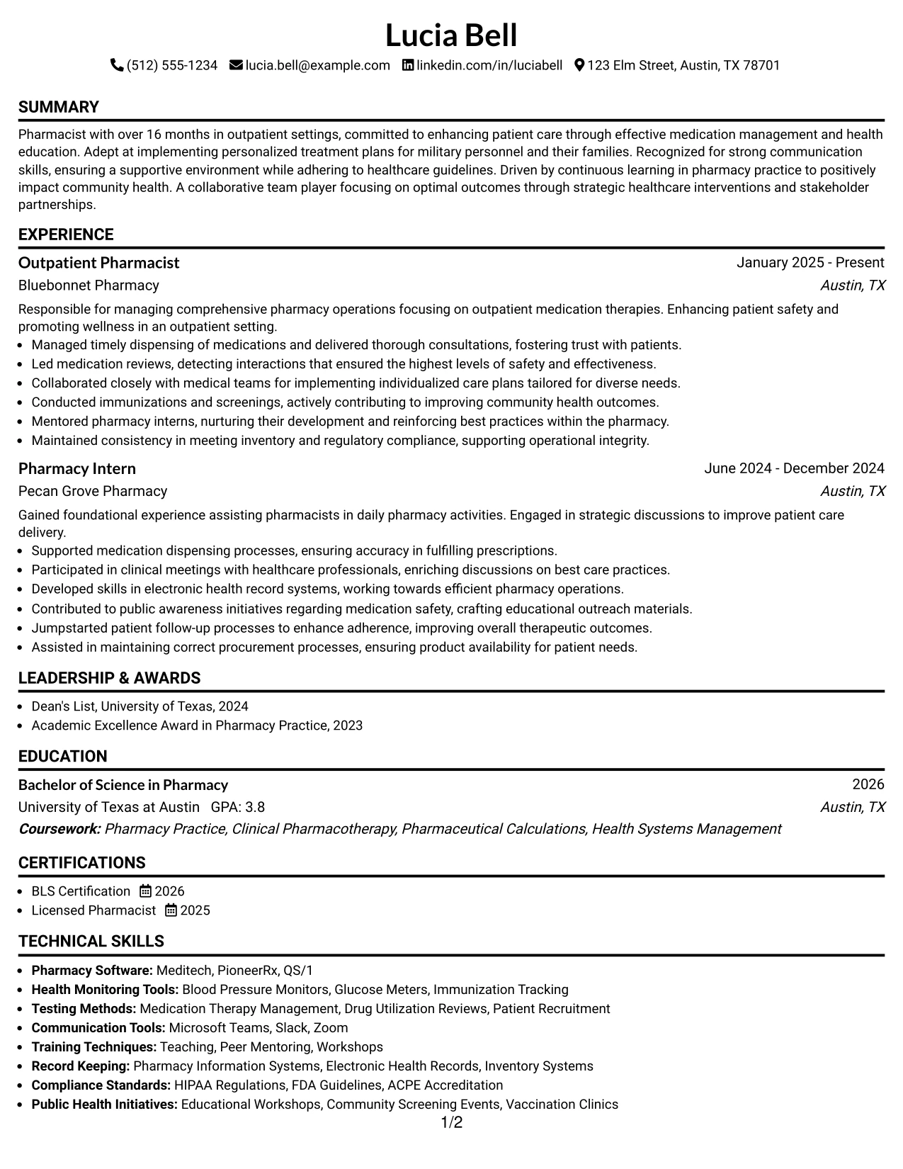 Resume Example Page 1