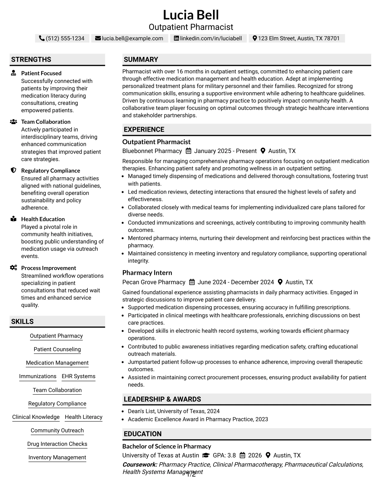 Resume Example Page 1