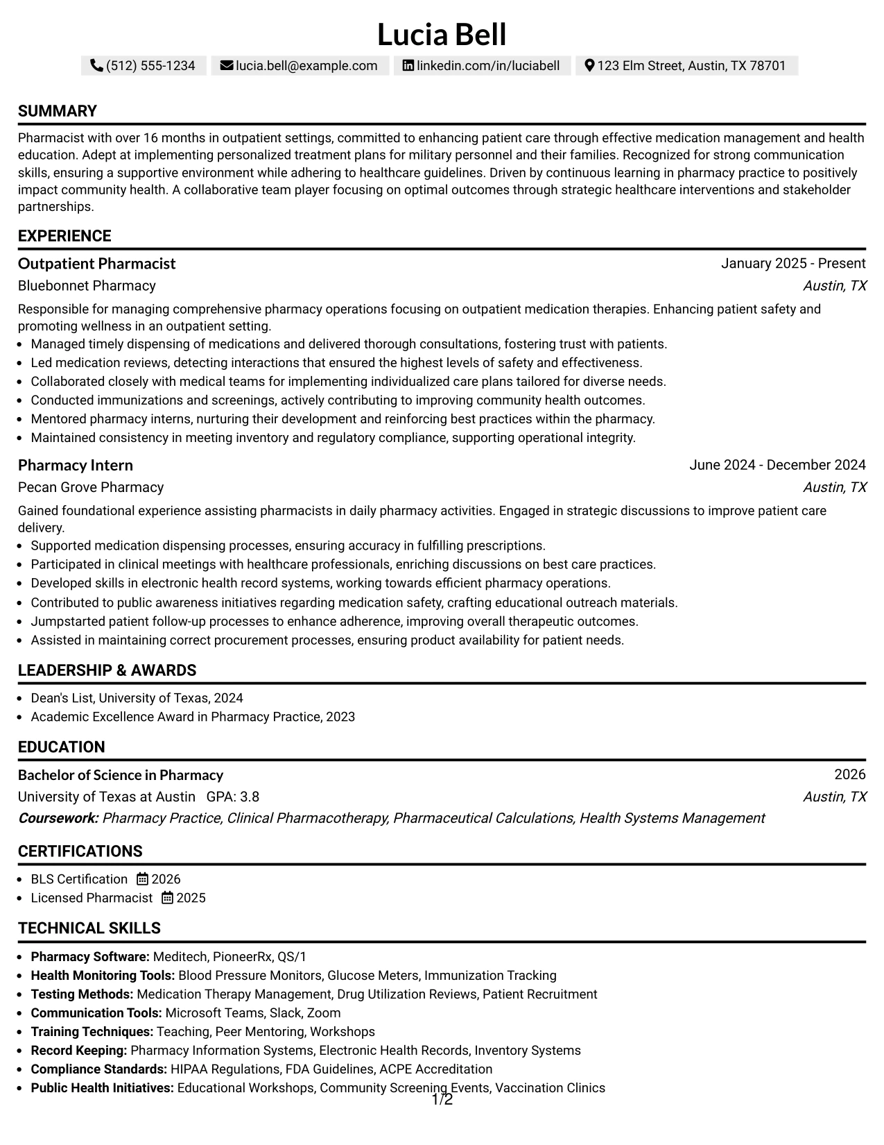 Resume Example Page 1