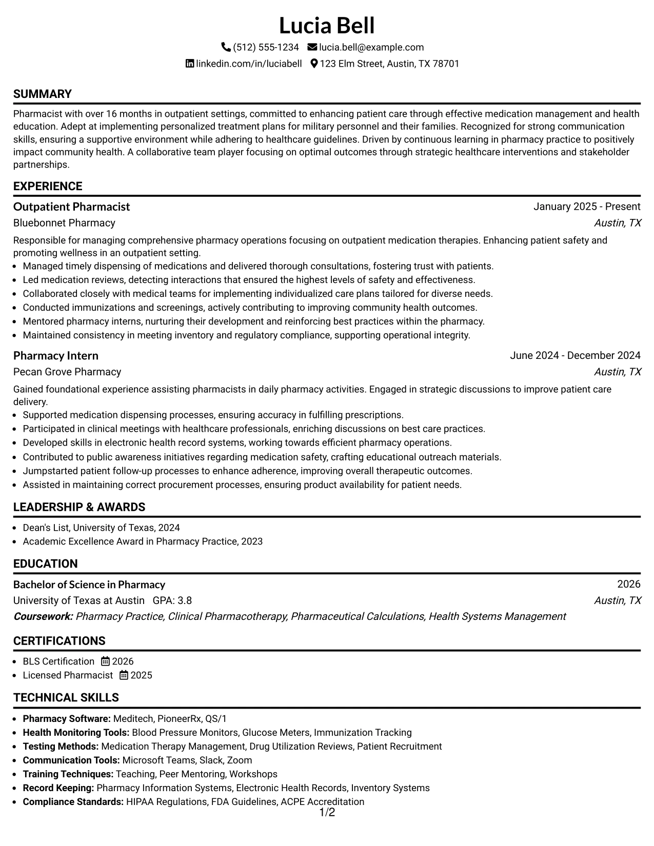 Resume Example Page 1