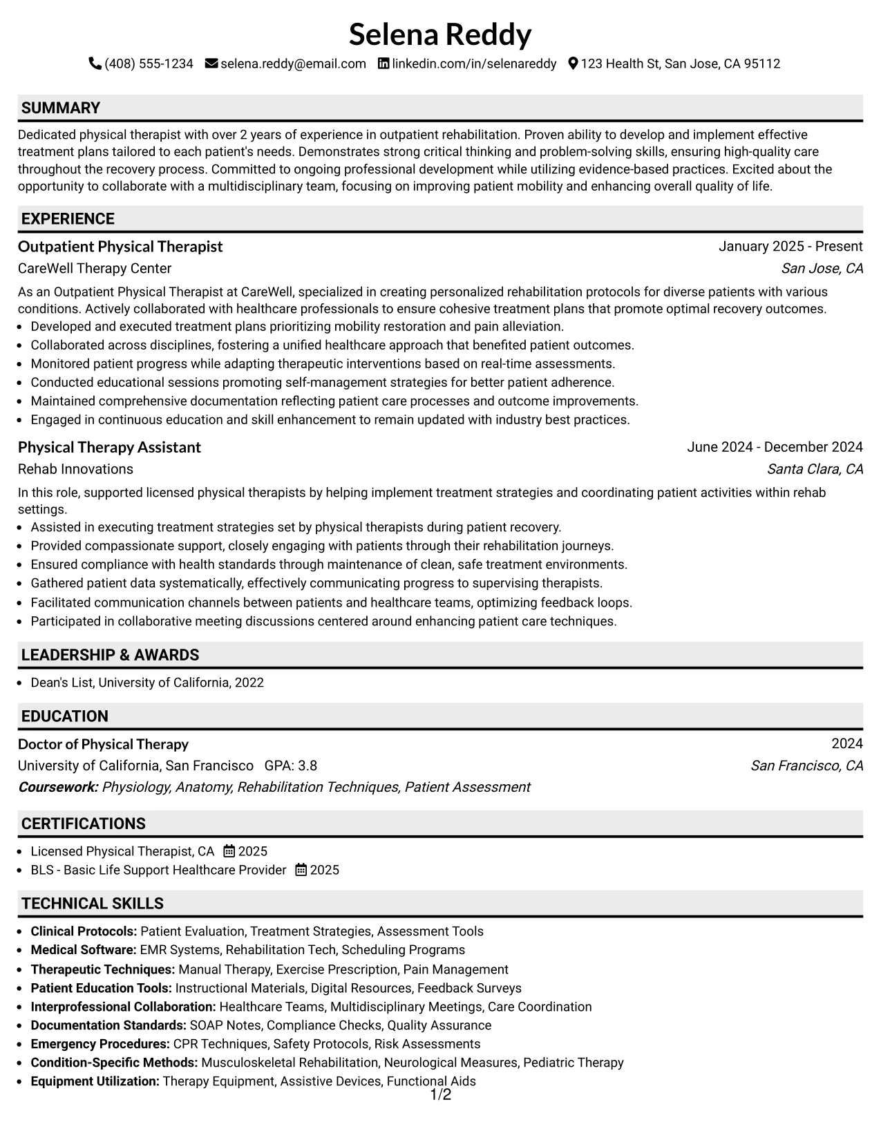 Resume Example Page 1
