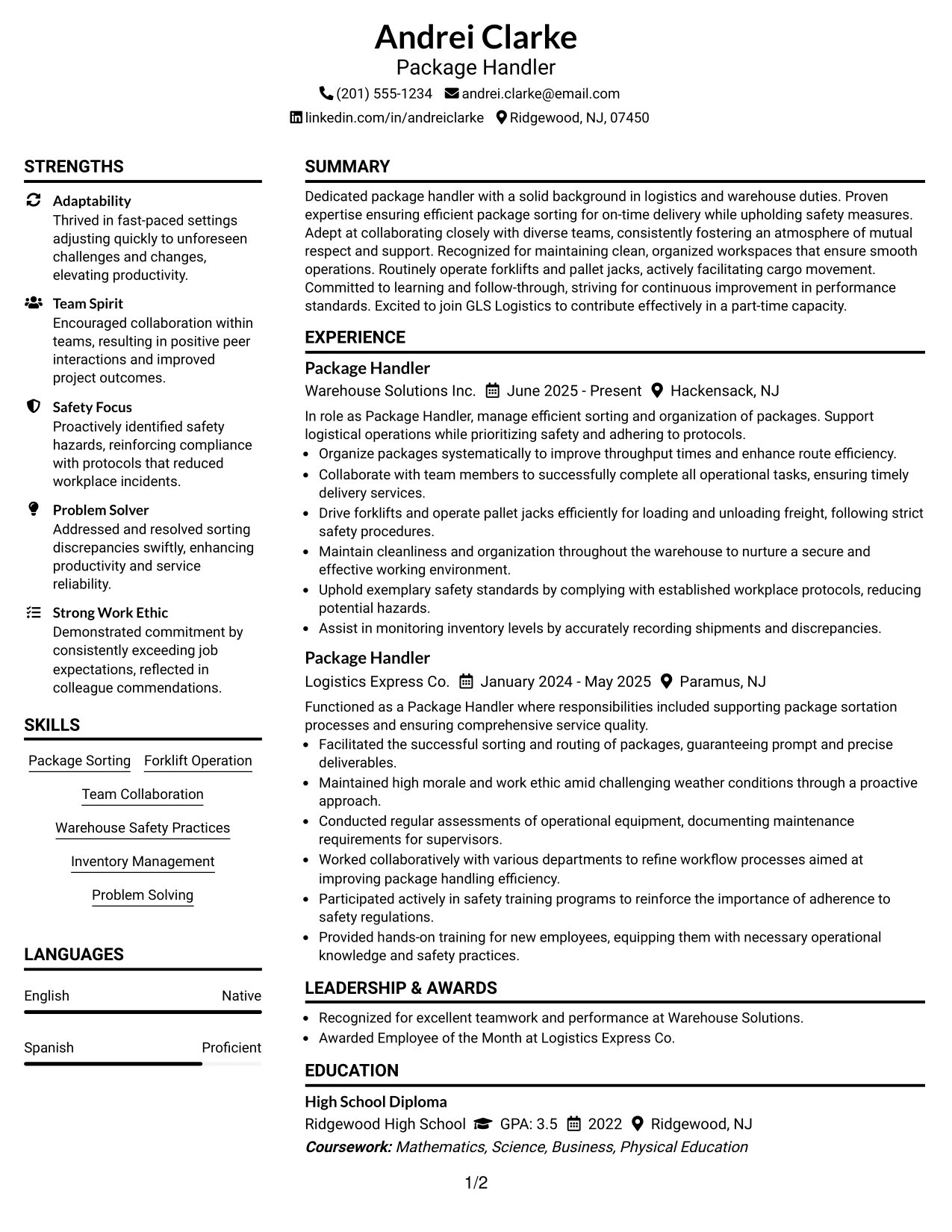 Resume Example Page 1