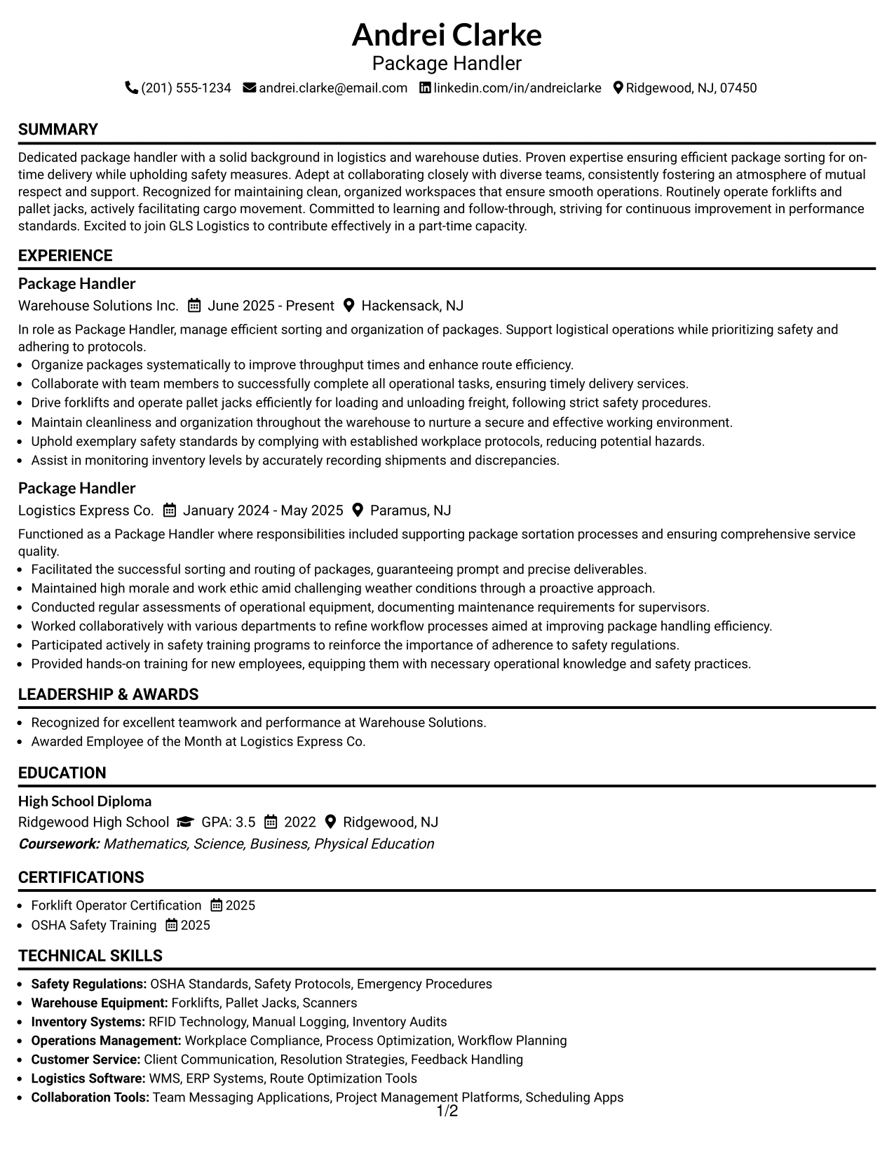 Resume Example Page 1
