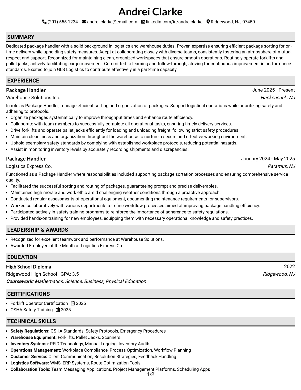 Resume Example Page 1