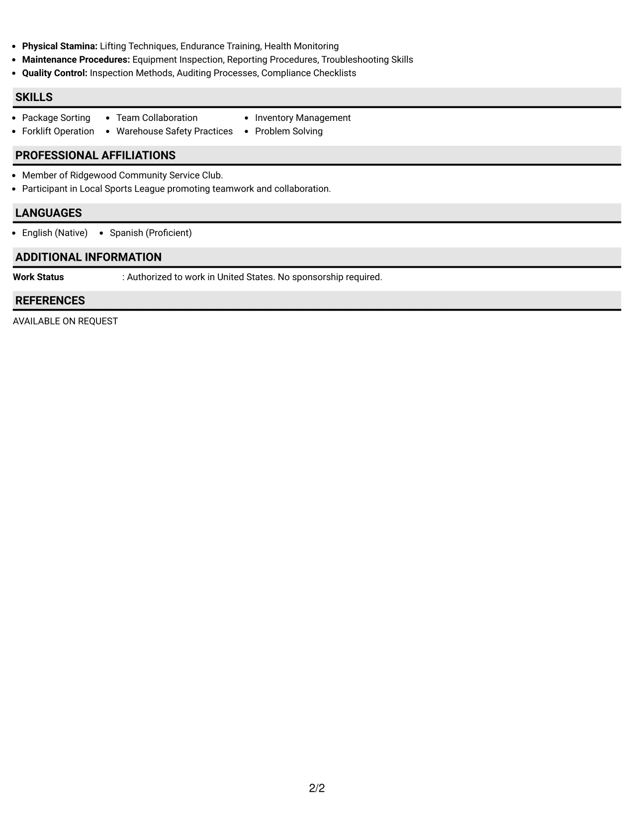 Resume Example Page 2