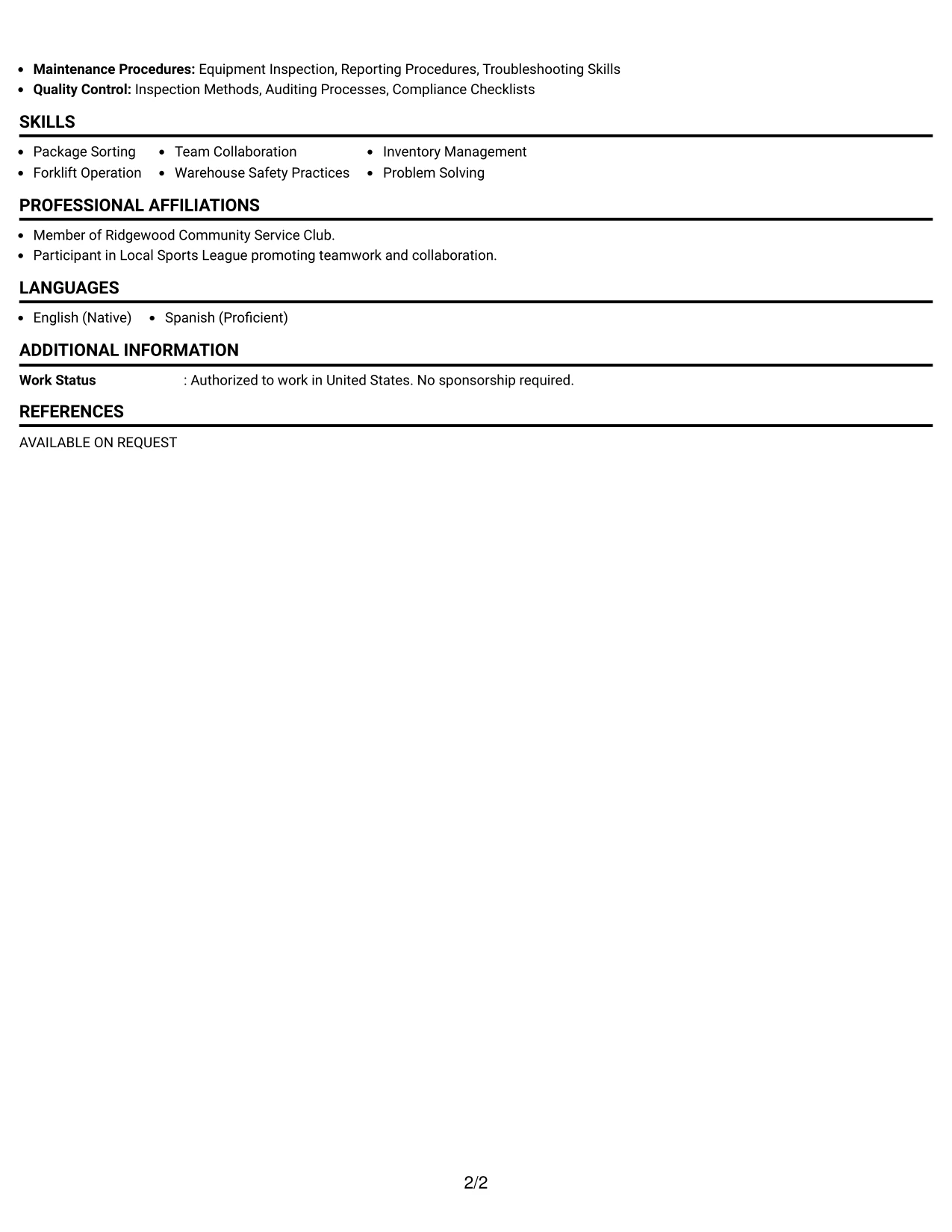 Resume Example Page 2
