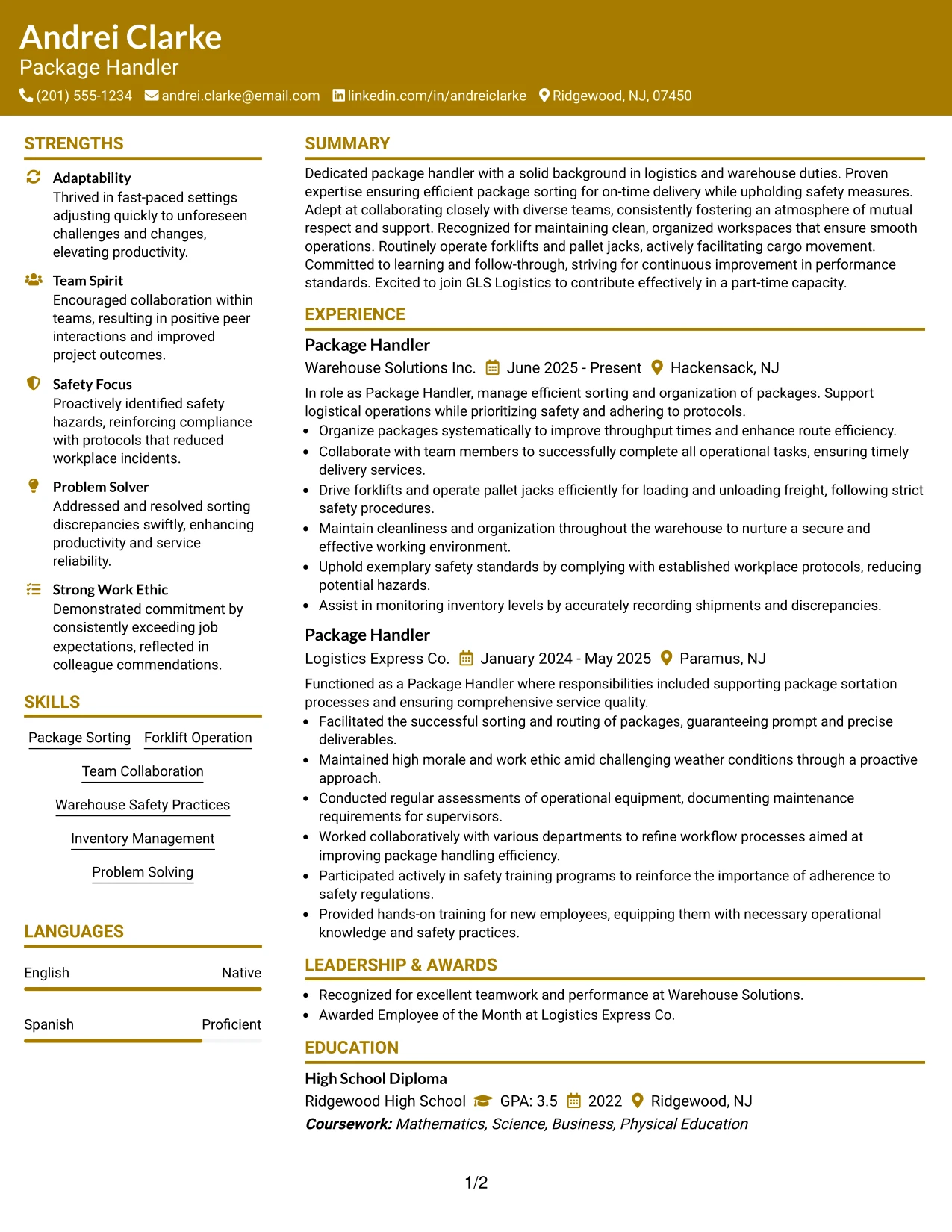 Resume Example Page 1