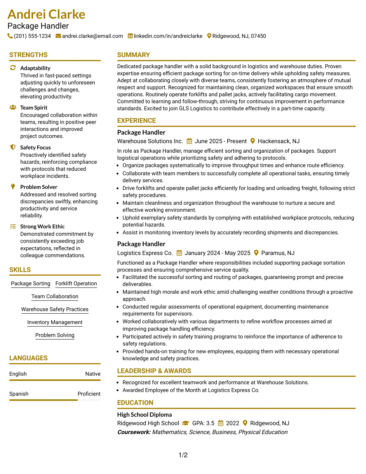 Resume Example Page 1