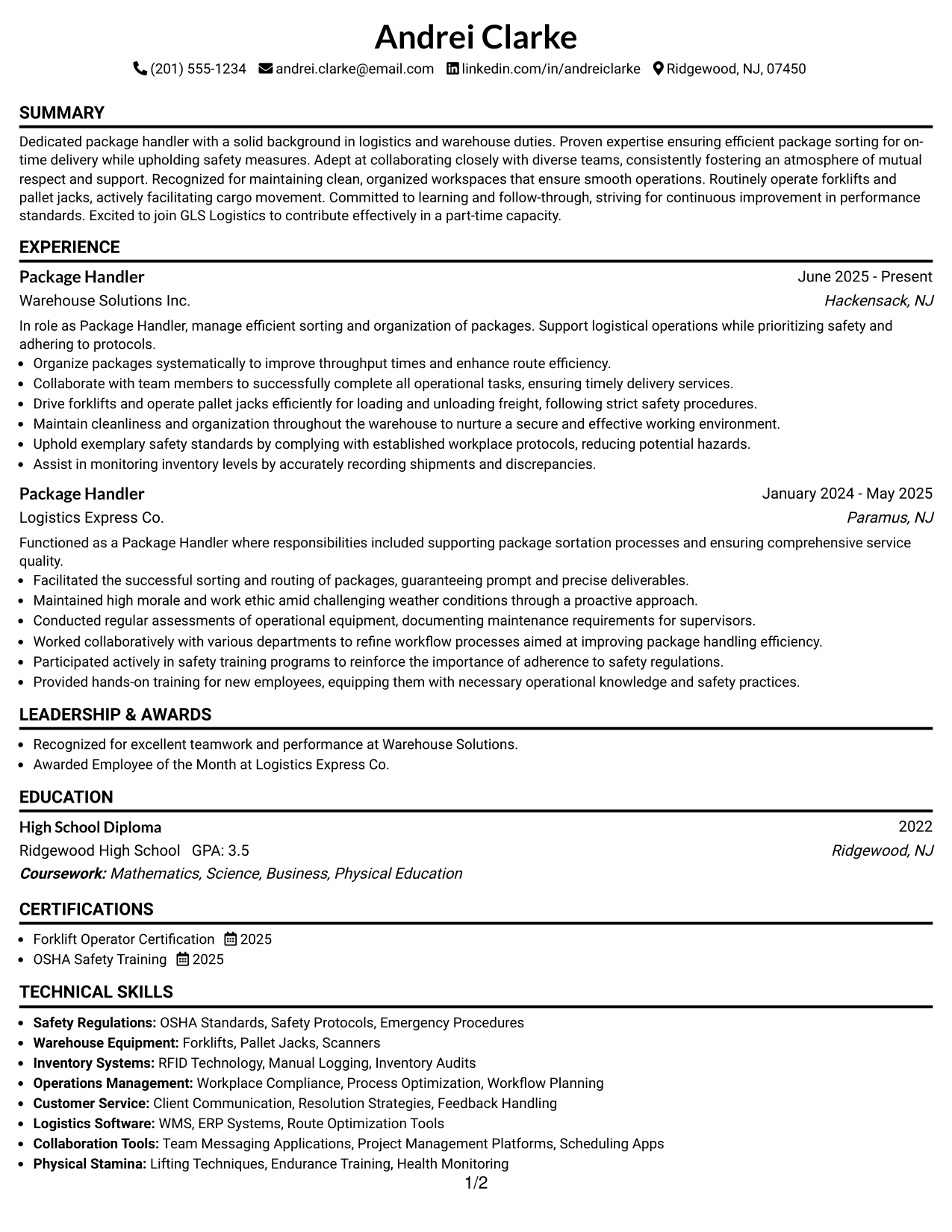 Resume Example Page 1