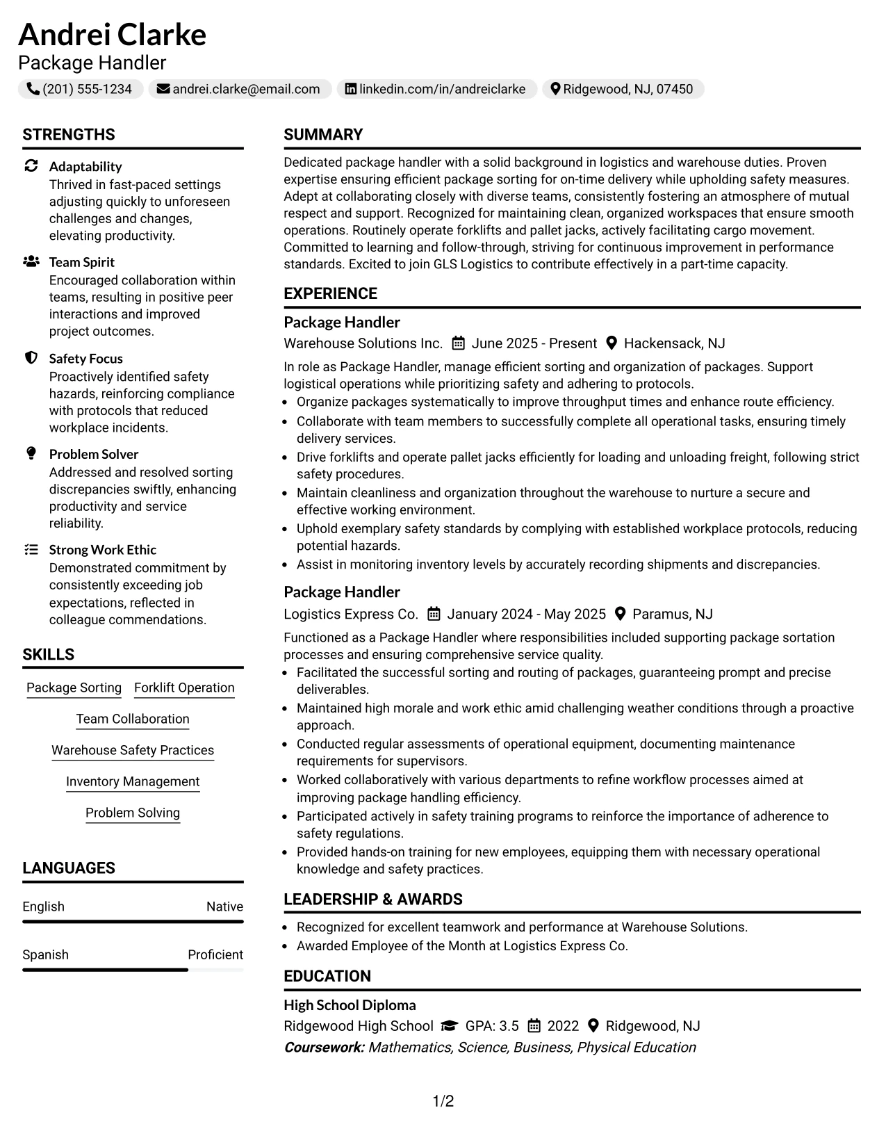 Resume Example Page 1