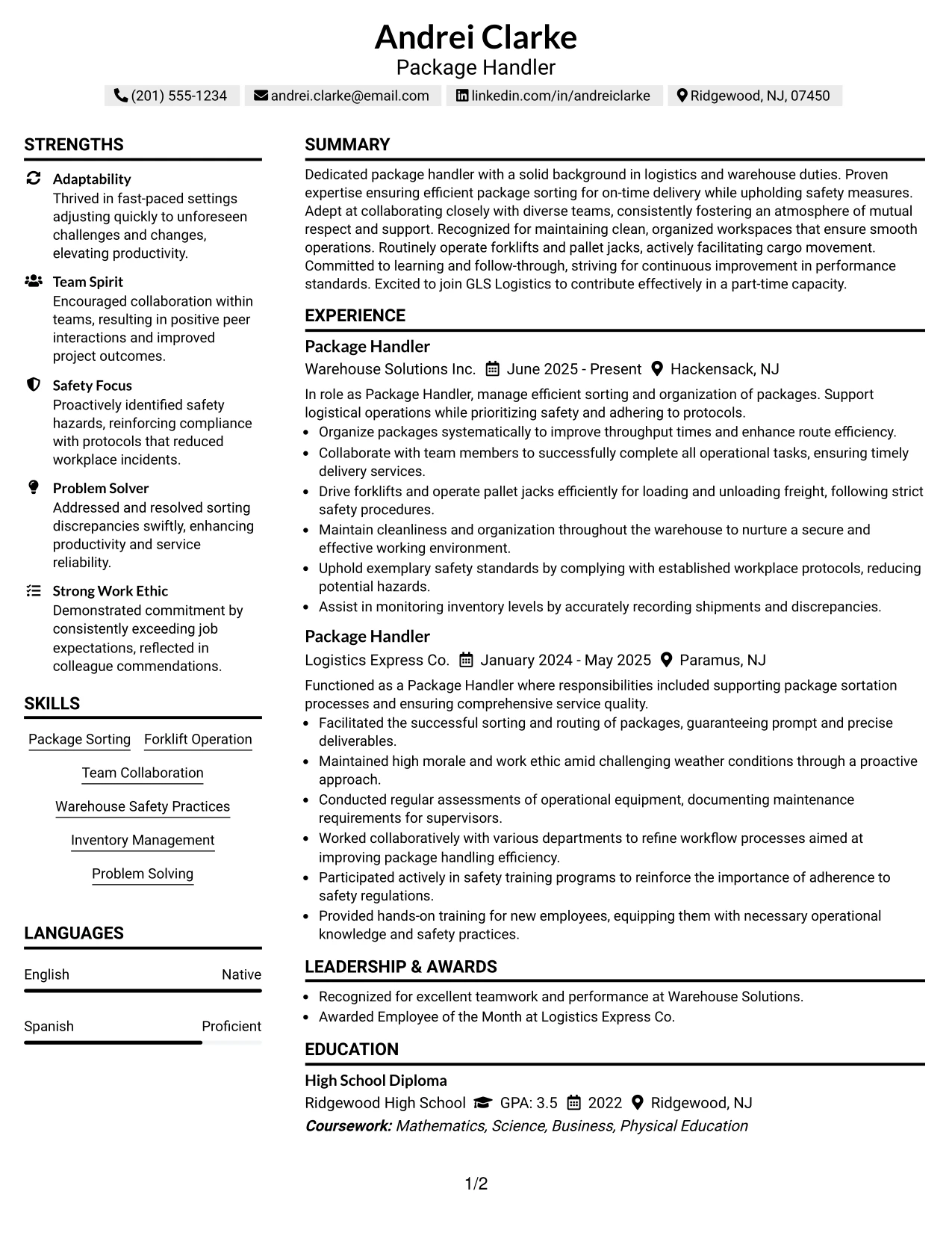 Resume Example Page 1