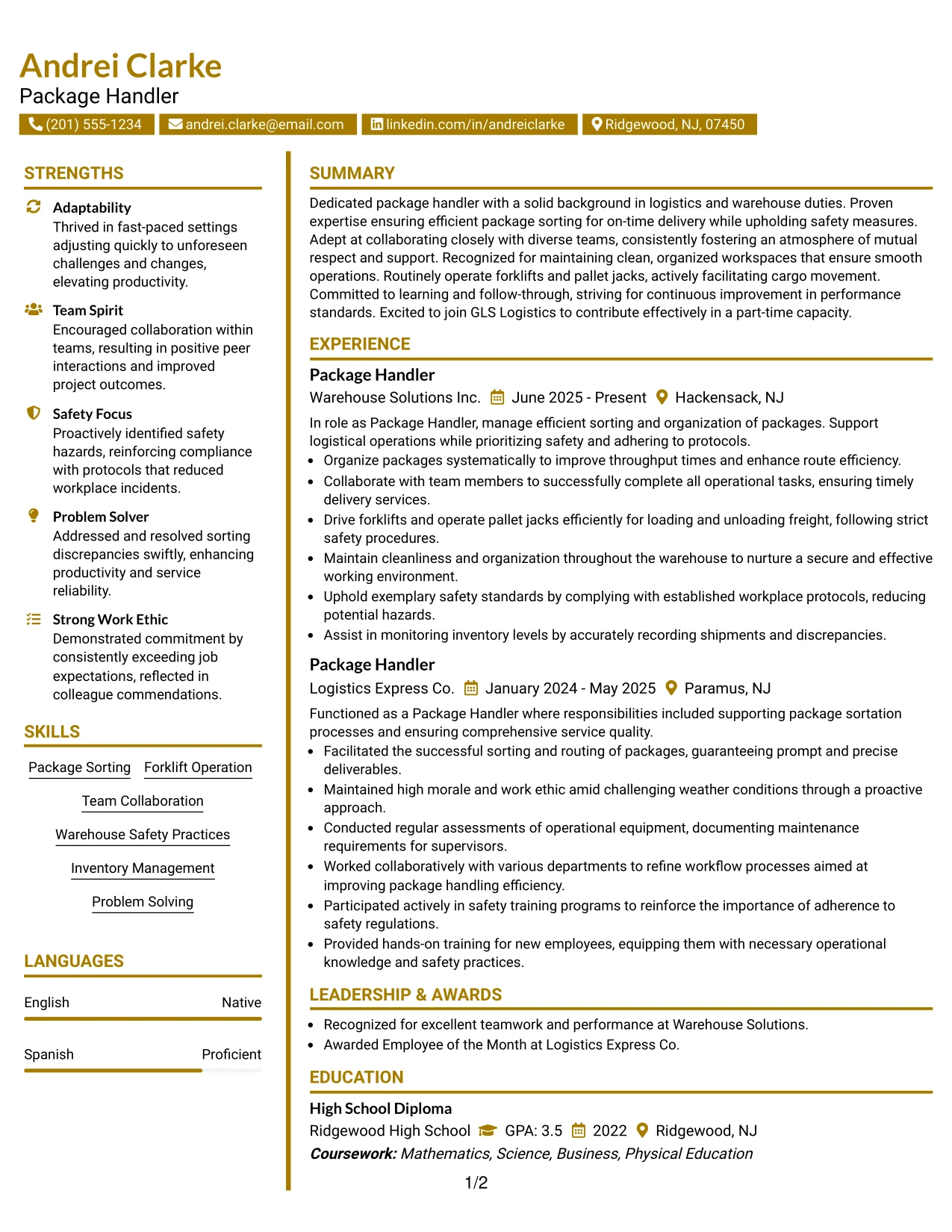Resume Example Page 1