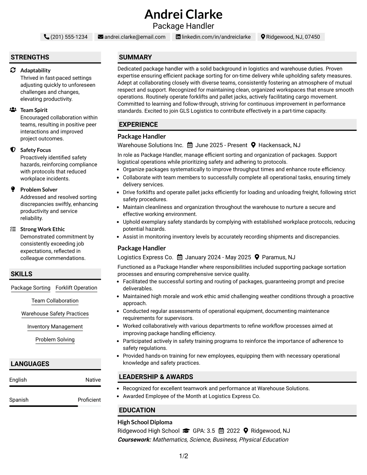Resume Example Page 1