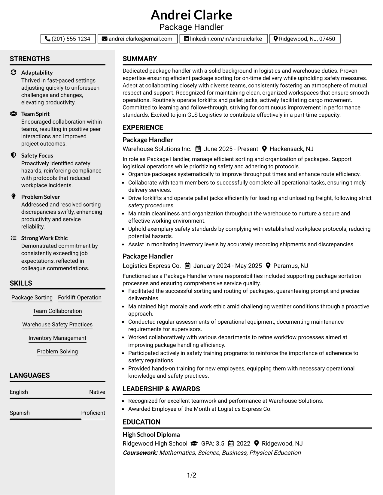 Resume Example Page 1