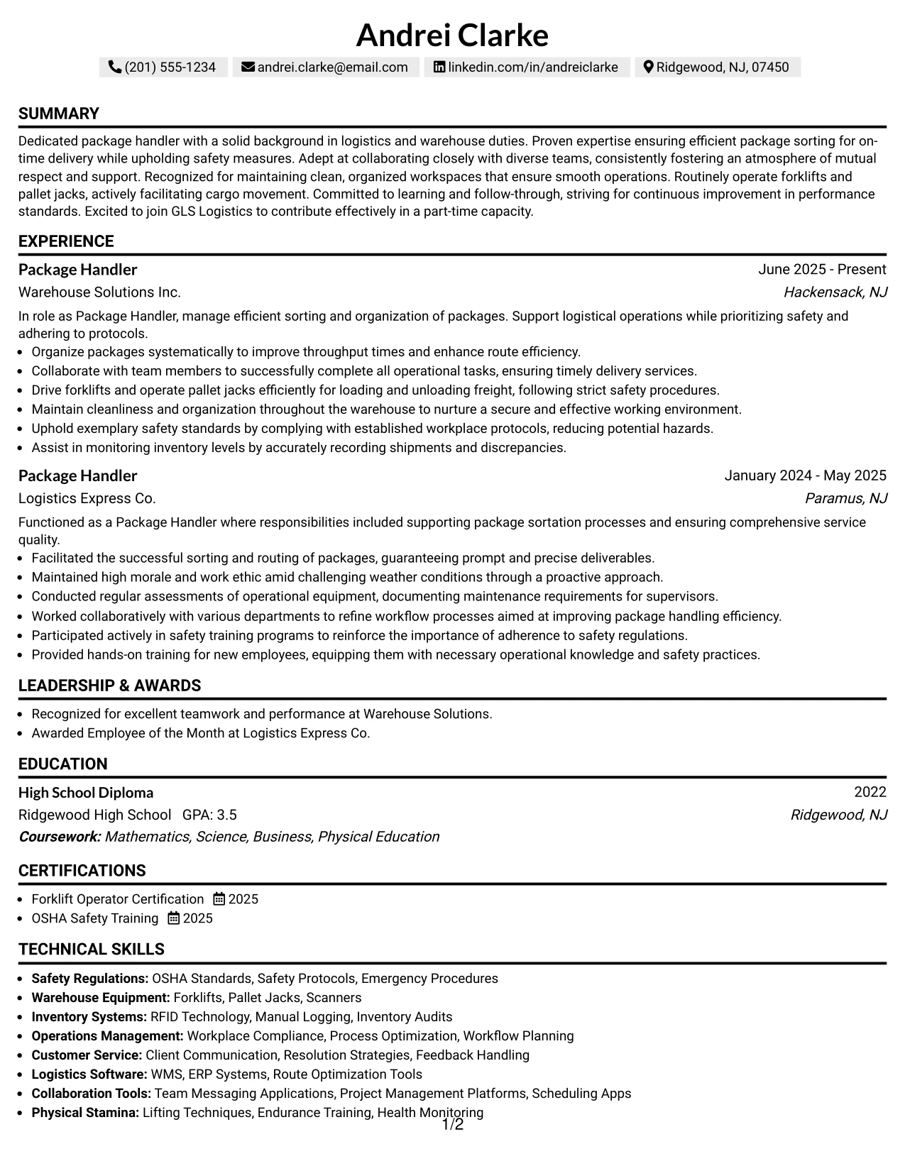 Resume Example Page 1