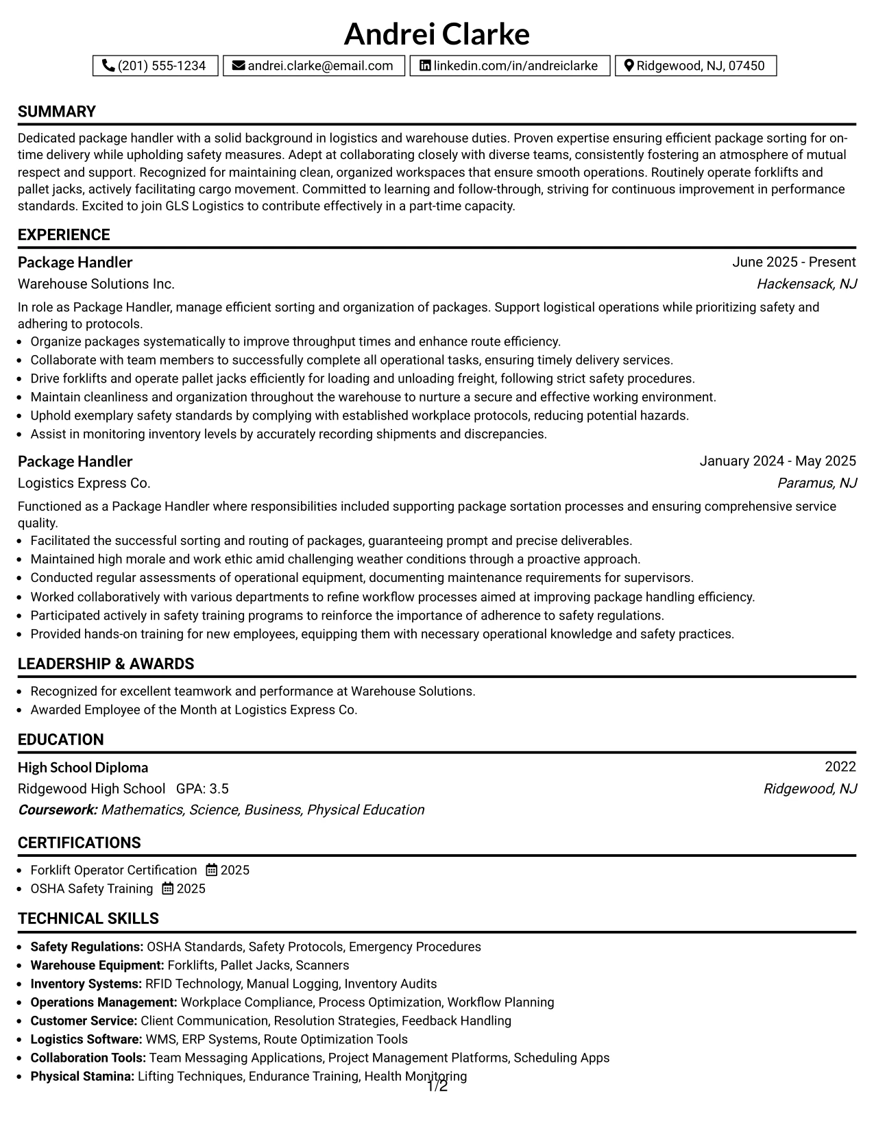 Resume Example Page 1