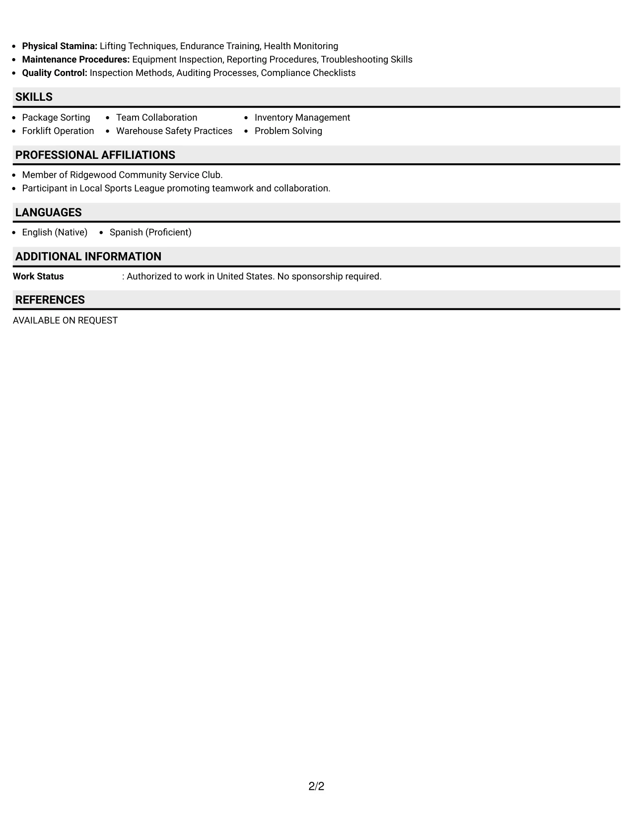 Resume Example Page 2