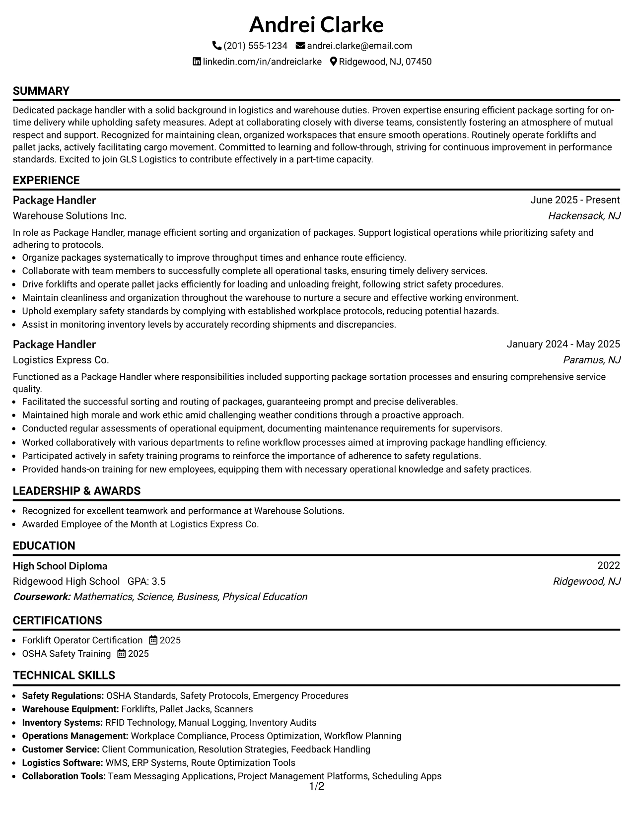 Resume Example Page 1